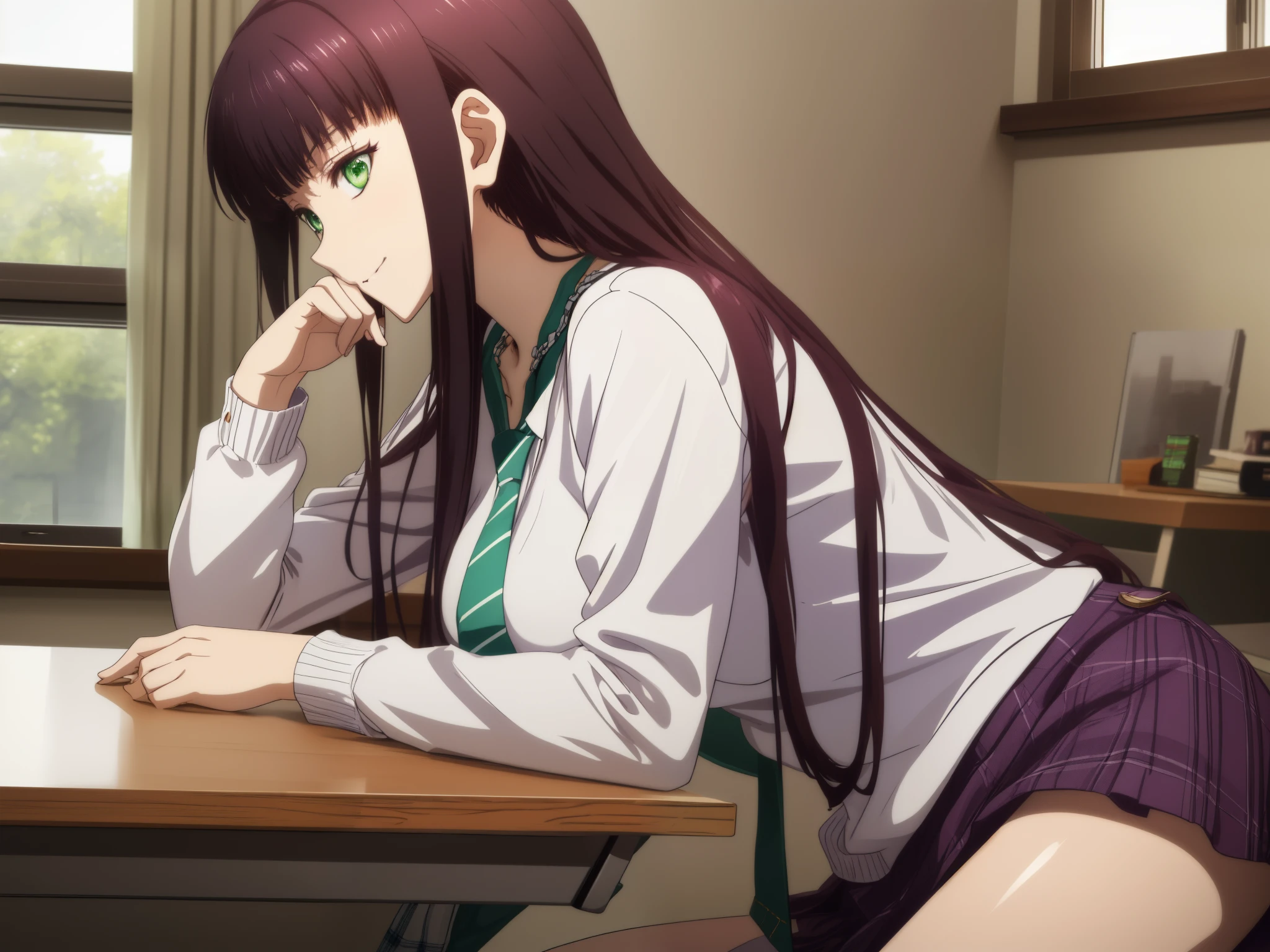 anime girl sitting at a desk with her hand on her chin,Anime scene of a girl sitting at a desk in the classroom,8K UHD, hight resolution,Very detailed CG, High quality shadows, Detail Beautiful delicate face, Detail Beautiful delicate eyes,BREAK(Very detailed 8k wallpaper),(Highly detailed CG 8K wallpaper),Makima (chain saw man),Sukasaha (Fate/grand order),Shimohira Reihua ,Hi-Res,Very delicate and beautiful CG illustration,top-quality,Realistic skin feeling,Realistic fabric,Realistic texture,beautiful thigh,big breasts thin waist,(((masutepiece))), (((Best Quality))),8K,32K,​masterpiece,beautiful alluring anime woman,ultra-definition,ultra-detailliert,hight resolution,a hyperrealistic schoolgirl,masuter piece, Best Quality, High quality, High Definition, high quality texture, high quality shadow, high detailing,finely detail,1girl in,High school students,Solo,Soio,Only one person,Alone,One Person,tall,AS-Adult,Mature atmosphere,Leg length,neat and long legs,8 Head Body,stature:171cm,Mature girls,Reddish-purple hair,Reddish-purple hair,Purple hair,cassis colored hair,silky and smooth hair,Colorful hair,Straight hair,Smile,Smiling happily,lively expression,Cute smile,Cool Beauty,Beautuful Women,Neat face, Beautiful realism,Seductive look,Bewitching look,serene expressions,beautiful hairl,She wears a necklace around her neck,Necklace,bead necklace,magatama accessories,A slight smil,Colorful eyes,green colored eyes,Jade-colored eyes,beautidful eyes,Bright eye,Delicat eyes,Eyes Like Gems,Jade Eyes,Hanging eyes,(Green eyes:1.5),Seductive face,((White collared shirt)),Button shirt,neck tie,Red tie,校服,High school students,School Sweater,Dark grey sweater,plaid skirts,school buildings,by the window,‎Classroom,student desk,School Chairs,schools,