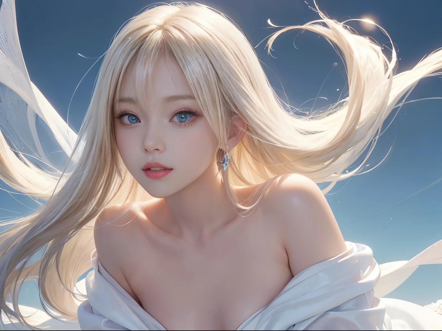 1 girl、portlate、blue-sky、Bright and very beautiful face、年轻, shiny white shiny skin、Best Looks、Blonde hair with dazzling light reflection、Beautiful Platinum Blonde Super Long Silky Straight Hair Gloss、Long bangs、Extraordinarily beautiful ************、Glowing clear eyes、Beautiful lovely beautiful girl、Smiled、Gentle、