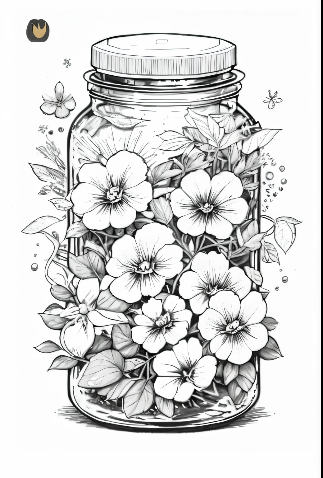 a black and white drawing of a jar filled with flowers, line art colouring page, detailed ink illustration, colouring page, extremely fine ink lineart, highly detailed ink illustration, detailed ink drawing, clean ink detailed line drawing, highly detailed illustration, detailed line art, highly detailed sketch, full page illustration, perfect pen and ink line art, very detailed illustration