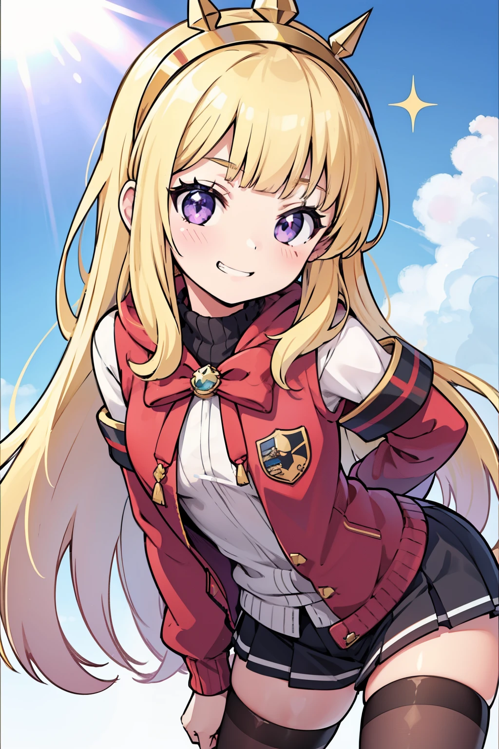 1girl, solo, character illustration, blonde hair, purple eyes, Cagliostro, long hair, alternate clothes, hoodie, long sleeves, casual, hairband, thighhighs, small breasts, smile, grin, evil smile, closed mouth, face focus, arms behind back, upper body, looking away, (leaning forward), playful pose, cute girl, sparkles, white background, transparent background, beautiful illumination, sun rays, trending on pixiv, masterpiece, 8k, best quality