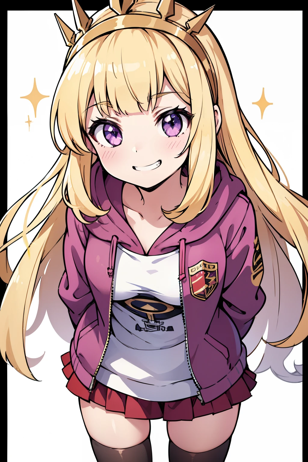 1girl, solo, character illustration, blonde hair, purple eyes, Cagliostro, long hair, alternate clothes, hoodie, long sleeves, casual, hairband, thighhighs, small breasts, smile, grin, evil smile, closed mouth, face focus, arms behind back, upper body, looking away, (leaning forward), playful pose, cute girl, sparkles, white background, transparent background, beautiful illumination, sun rays, trending on pixiv, masterpiece, 8k, best quality