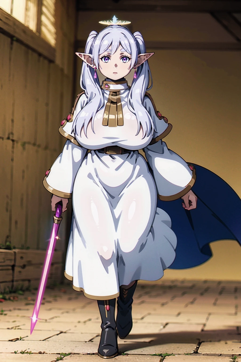 1girl,solo,elf,white hair,grey hair,earrings,pointy ears,long hair,ponytail,green eyes,twintails,parted bangs,thick eyebrows,,, holy magicalgirl, , holy haura, halo,, paladin, holding, full body , boots, standing,cute,breast, curvy, female,fantasy goddess,there is a cartoon picture of a woman with a very large breast, glowing angelic being, glowing holy aura, inspired by Luma Rouge, the non-binary deity of spring, ethereal rainbow nimbus, the butterfly goddess of fire, inspired by Mariel, glowing aura around her, astral fairy, as the goddess of the sun, “uwu the prismatic person, big breast, serious, beautiful eyes, , full body, walking, long robe, long dress, ,priestess ,holy, , god rays, ray tracing, sparkle, cinematic lighting, UHD, retina, masterpiece, ccurate, anatomically correct, textured skin, super detail, high details, high quality, award winning, best quality, highres, 1080P, HD, 4K, thunder aura, light aura,full, staff holding, determined, long sleevess, long skirt, long skirt,(highest quality,4k,8k,highres,masterpiece:1.2),ultra-detailed,(r1.37),holy magical girl,holy aura,halo,sacred light,shimmering radiance,mystical energy,heavenly glow,supernatural beauty,golden and silver tones,ethereal atmosphere,divine power,miraculous transformation,s,female protagonist,enchanted wand,magical sparkles,majestic crown,sparkling eyes and lips,sacred symbols,spiritual energy,celestial energy,serene expression,glowing path,holy garden of flowers,luminous patterns,peaceful surroundings,dreamy ambiance,healing light,the power of love,celestial music,surreal scenery,magical crystals,transcendent colors,dancing lights,heavenly beings,imaginative composition,legendary adventures,supernatural companions,dazzling starlight,celestial fireworks,enshrined in beauty,harmony of the divine.closed mouth