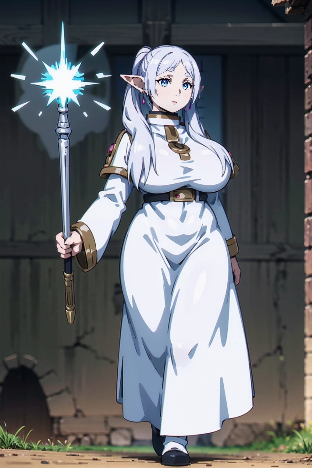 1girl,solo,elf,white hair,grey hair,earrings,pointy ears,long hair,ponytail,green eyes,twintails,parted bangs,thick eyebrows,,, holy magicalgirl, , holy haura, halo,, paladin, holding, full body , boots, standing,cute,breast, curvy, female,fantasy goddess,there is a cartoon picture of a woman with a very large breast, glowing angelic being, glowing holy aura, inspired by Luma Rouge, the non-binary deity of spring, ethereal rainbow nimbus, the butterfly goddess of fire, inspired by Mariel, glowing aura around her, astral fairy, as the goddess of the sun, “uwu the prismatic person, big breast, serious, beautiful eyes, , full body, walking, long robe, long dress, ,priestess ,holy, , god rays, ray tracing, sparkle, cinematic lighting, UHD, retina, masterpiece, ccurate, anatomically correct, textured skin, super detail, high details, high quality, award winning, best quality, highres, 1080P, HD, 4K, thunder aura, light aura,full, staff holding, determined, long sleevess, long skirt, long skirt,(highest quality,4k,8k,highres,masterpiece:1.2),ultra-detailed,(r1.37),holy magical girl,holy aura,halo,sacred light,shimmering radiance,mystical energy,heavenly glow,supernatural beauty,golden and silver tones,ethereal atmosphere,divine power,miraculous transformation,s,female protagonist,enchanted wand,magical sparkles,majestic crown,sparkling eyes and lips,sacred symbols,spiritual energy,celestial energy,serene expression,glowing path,holy garden of flowers,luminous patterns,peaceful surroundings,dreamy ambiance,healing light,the power of love,celestial music,surreal scenery,magical crystals,transcendent colors,dancing lights,heavenly beings,imaginative composition,legendary adventures,supernatural companions,dazzling starlight,celestial fireworks,enshrined in beauty,harmony of the divine.closed mouth