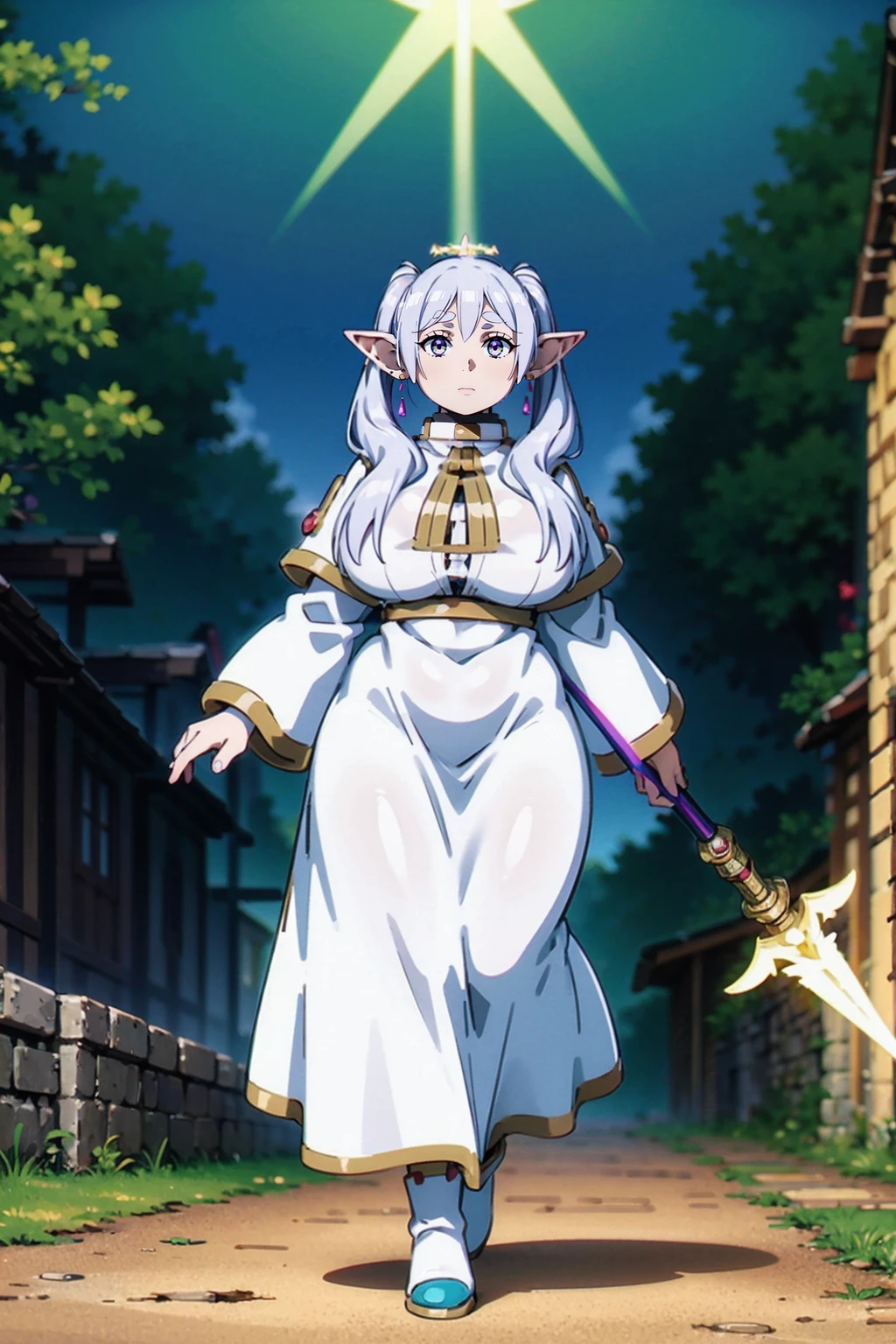 1girl,solo,elf,white hair,grey hair,earrings,pointy ears,long hair,ponytail,green eyes,twintails,parted bangs,thick eyebrows,,, holy magicalgirl, , holy haura, halo,, paladin, holding, full body , boots, standing,cute,breast, curvy, female,fantasy goddess,there is a cartoon picture of a woman with a very large breast, glowing angelic being, glowing holy aura, inspired by Luma Rouge, the non-binary deity of spring, ethereal rainbow nimbus, the butterfly goddess of fire, inspired by Mariel, glowing aura around her, astral fairy, as the goddess of the sun, “uwu the prismatic person, big breast, serious, beautiful eyes, , full body, walking, long robe, long dress, ,priestess ,holy, , god rays, ray tracing, sparkle, cinematic lighting, UHD, retina, masterpiece, ccurate, anatomically correct, textured skin, super detail, high details, high quality, award winning, best quality, highres, 1080P, HD, 4K, thunder aura, light aura,full, staff holding, determined, long sleevess, long skirt, long skirt,(highest quality,4k,8k,highres,masterpiece:1.2),ultra-detailed,(r1.37),holy magical girl,holy aura,halo,sacred light,shimmering radiance,mystical energy,heavenly glow,supernatural beauty,golden and silver tones,ethereal atmosphere,divine power,miraculous transformation,s,female protagonist,enchanted wand,magical sparkles,majestic crown,sparkling eyes and lips,sacred symbols,spiritual energy,celestial energy,serene expression,glowing path,holy garden of flowers,luminous patterns,peaceful surroundings,dreamy ambiance,healing light,the power of love,celestial music,surreal scenery,magical crystals,transcendent colors,dancing lights,heavenly beings,imaginative composition,legendary adventures,supernatural companions,dazzling starlight,celestial fireworks,enshrined in beauty,harmony of the divine.closed mouth