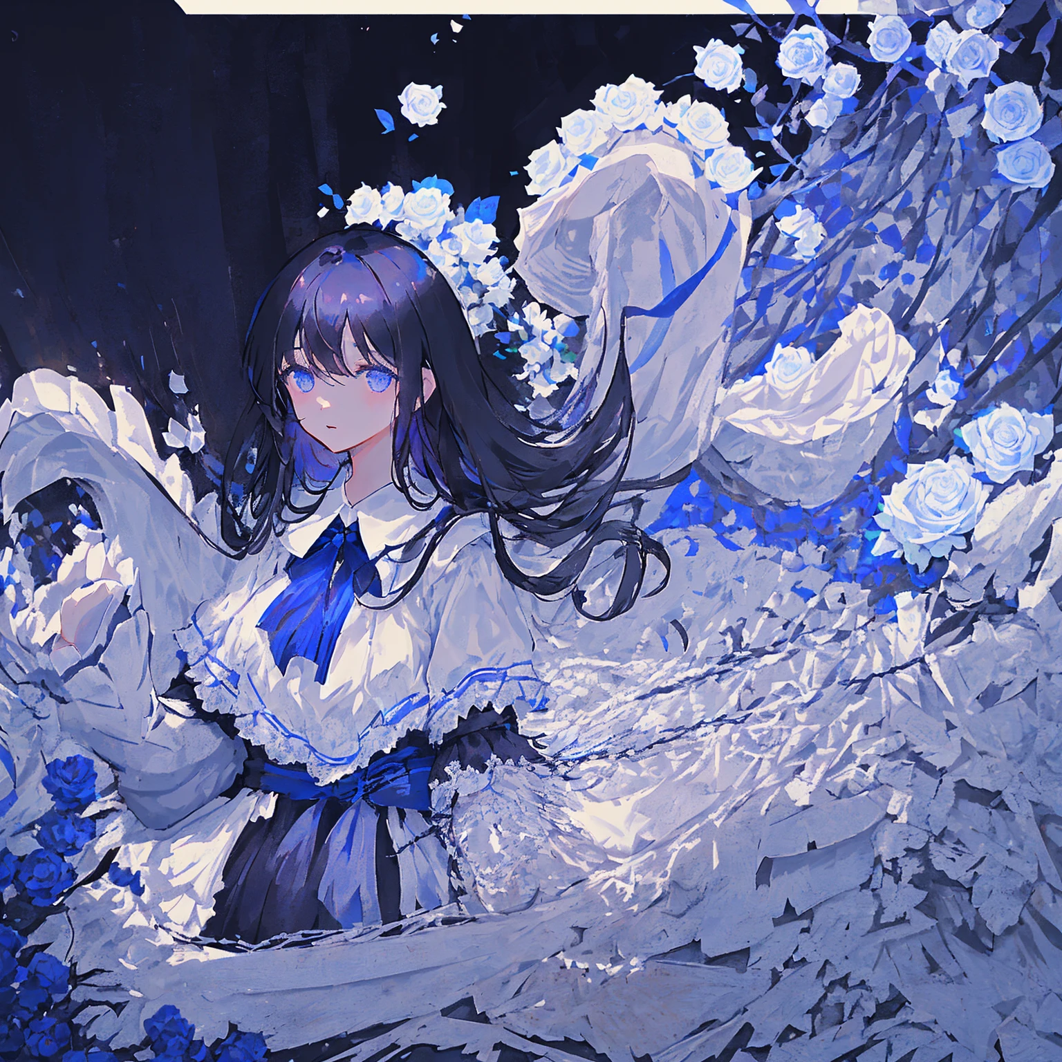 One girl, black hair, floor-length hair, blue eyes, black medium dress, medium flowing sleeves, white lace ends of the dress, blue ribbon on the collar, Near a large fountain, blue and white roses, thorny bushes, blue-purple sunset