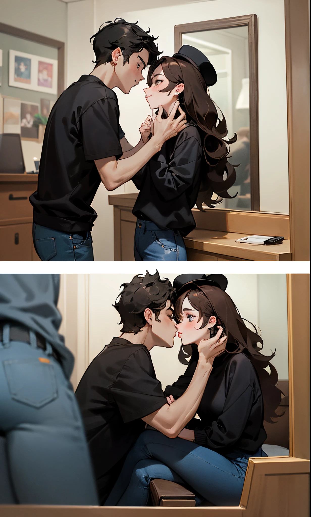 A couple is taking a picture on a full size body mirror in a bedroom. The girl is holding the iPhone towards her face. She is wearing black leggings and black top. She has dark brown curly hair. The guy is wearing a black hat. The guy is kissing her on the cheek. He has jeans and a black sweatshirt. Make it Disney Pixar character.