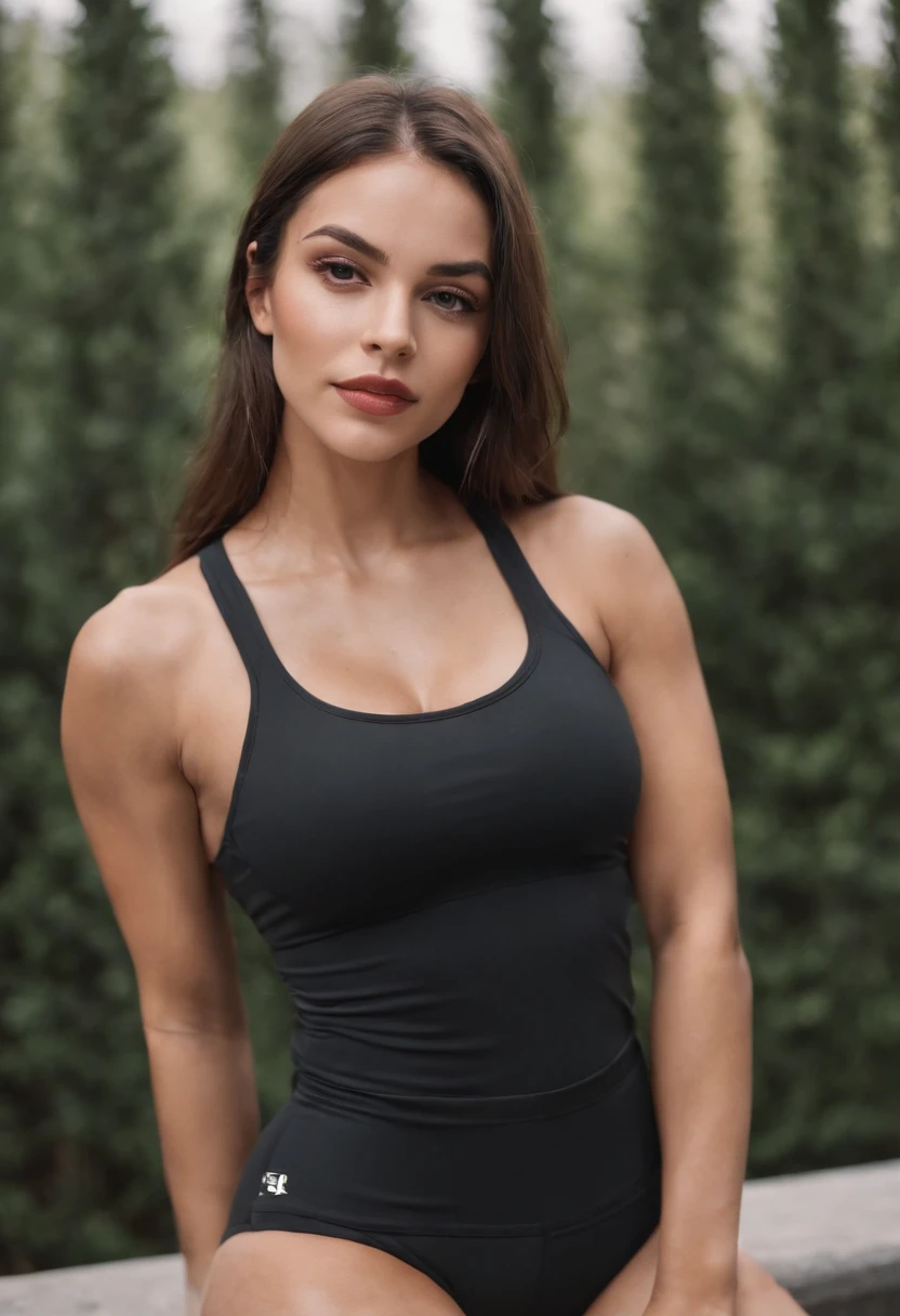 A beautiful woman with a big elastic butt, Posing for the camera in BLACK NIKE TOP and tight sports shorts.,muy detallado, hermoso cuerpo y cara, se parece al original, Pelo rojo, en un gimnasio