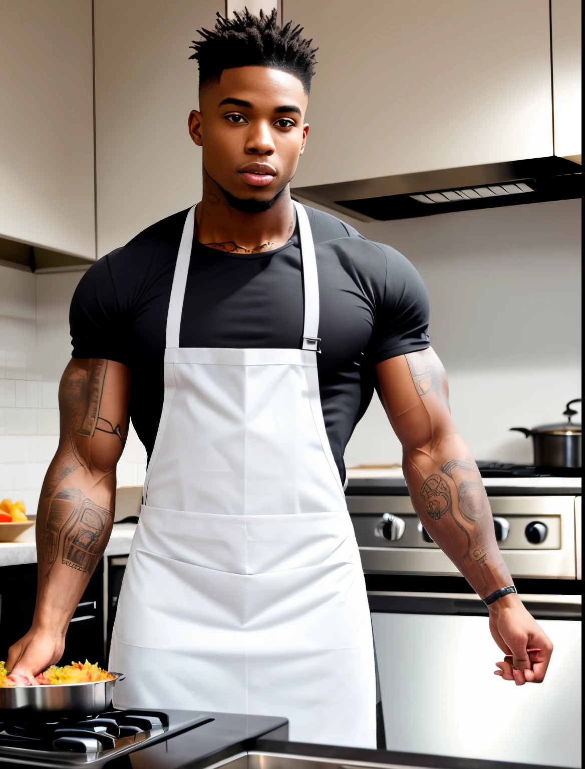 Hyper realtic black male, wearing apron, muscles, tatted, cooking dinner in kitchen, black boxers