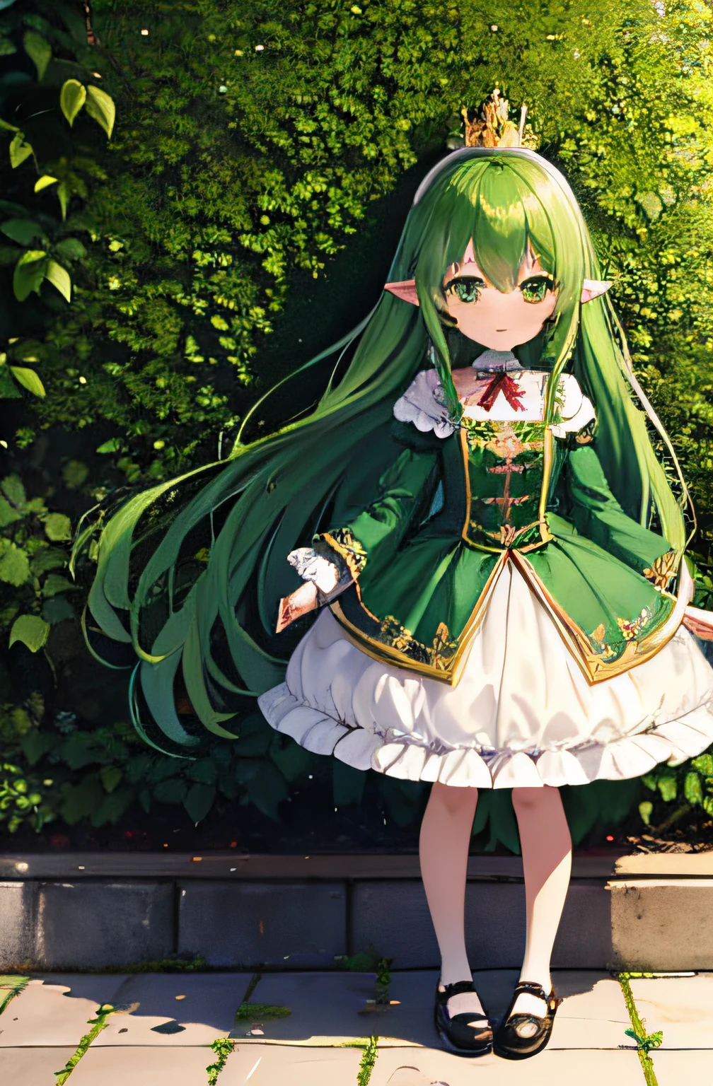 Idade8Year Old ta 100centimeter short stature Ears are pointed and slightly long Emerald green hair leaf clothes Laurel crown Full body standing picture