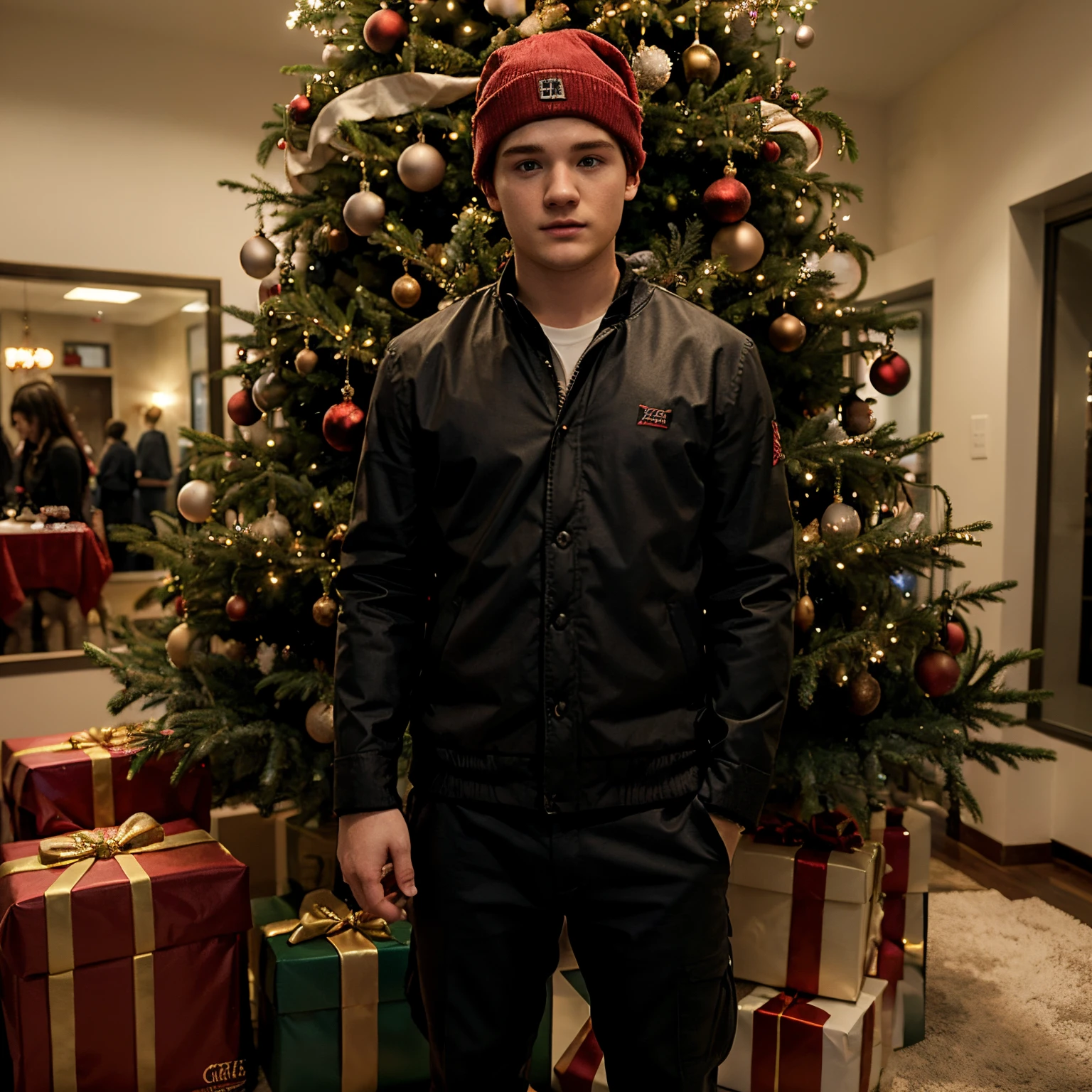 josh hutcherson next to a christmas tree