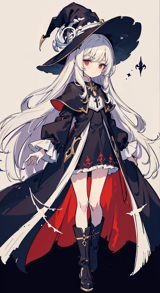 White long hair, Bangs, Red Eye, Witch, Witch Hat, Fantasy, fantasy-inspired, black robes, victorian clothing, Aristocratic clothing, Long Brown Boots, Black tights, Black elements in clothes, Red elements on clothes, White elements in clothes, Yellow elements of clothing, Dark, Dim light, Puffy hair, Hair sticking out, ((sketch, Sketch style, Pastel style, dull color, Soft colors))