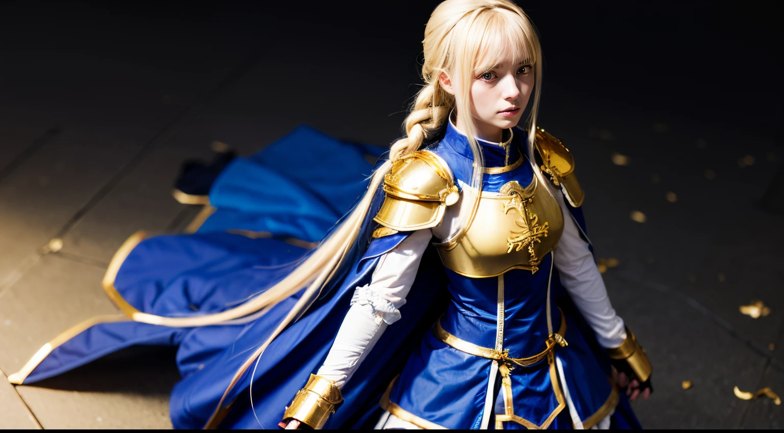 alicezuberg, alice zuberg, bangs, blue eyes, blonde hair, hair between eyes, very long hair, braid, hairband, white hairband, dress, cape, armor, blue dress, shoulder armor, gauntlets, pauldrons, breastplate, armored dress, faulds, blue cape, knight, (gold armor:1.5), body armor,