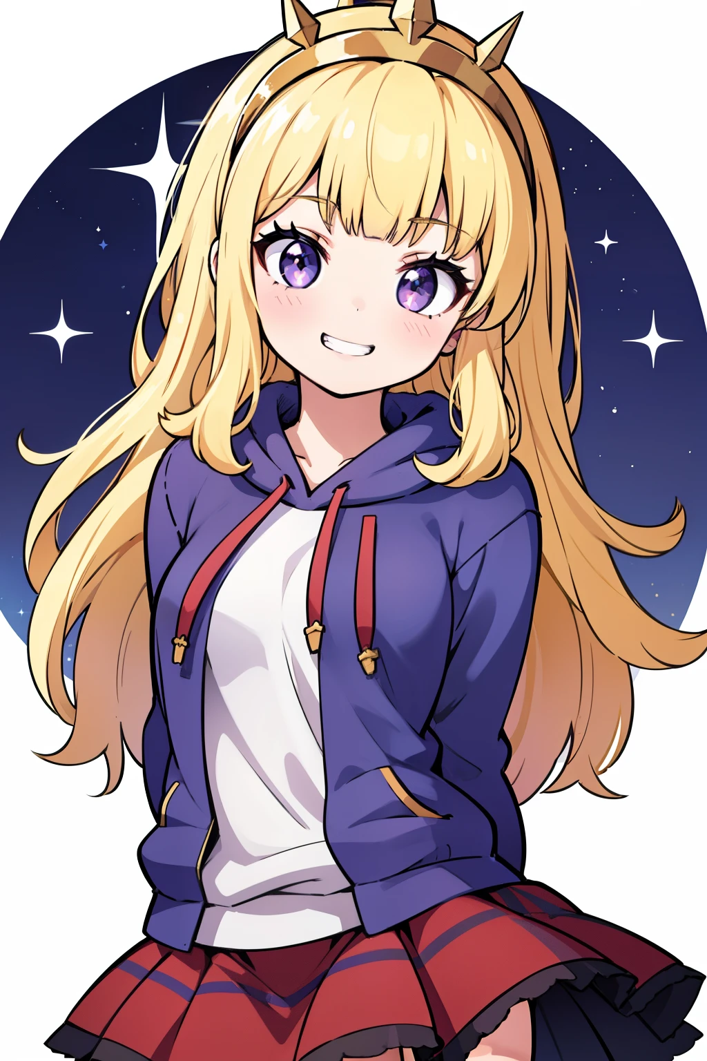 1girl, solo, character illustration, blonde hair, purple eyes, Cagliostro, long hair, alternate clothes, (hoodie, long sleeves, skirt, casual), hairband, thighhighs, small breasts, smile, grin, evil smile, closed mouth, face focus, arms behind back, upper body, looking away, cute girl, sparkles, white background, transparent background, beautiful illumination, sun rays, trending on pixiv, masterpiece, 8k, best quality