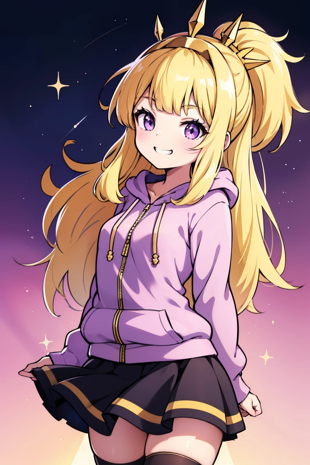 1girl, solo, character illustration, blonde hair, purple eyes, Cagliostro, long hair, alternate clothes, (hoodie, long sleeves, skirt, casual), hairband, thighhighs, small breasts, smile, grin, evil smile, closed mouth, face focus, arms behind back, upper body, looking away, cute girl, sparkles, white background, transparent background, beautiful illumination, sun rays, trending on pixiv, masterpiece, 8k, best quality