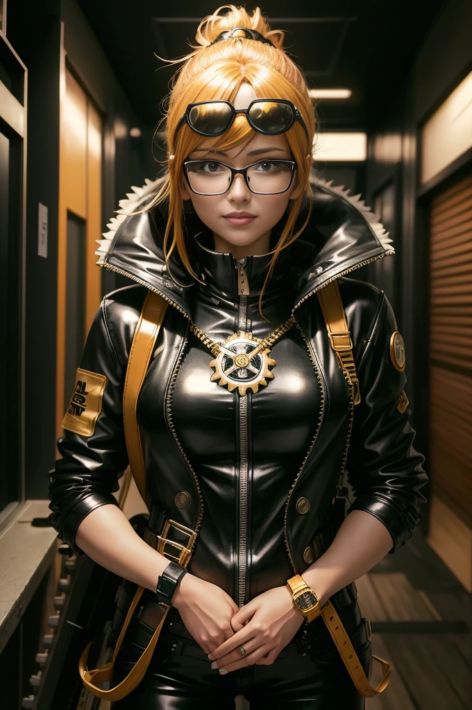 Style girl in black leather costume, makima, Chainsaw Man inspired, Chainsaw Man : Makima inspired, photorealistic anime girl render, Makima from Chainsaw Man, Makima from Chainsaw Man, film still of Makima Chainsaw Man, Makima, Chainsaw Man Makima、Gold eyes、Black-rimmed glasses、ssmile、