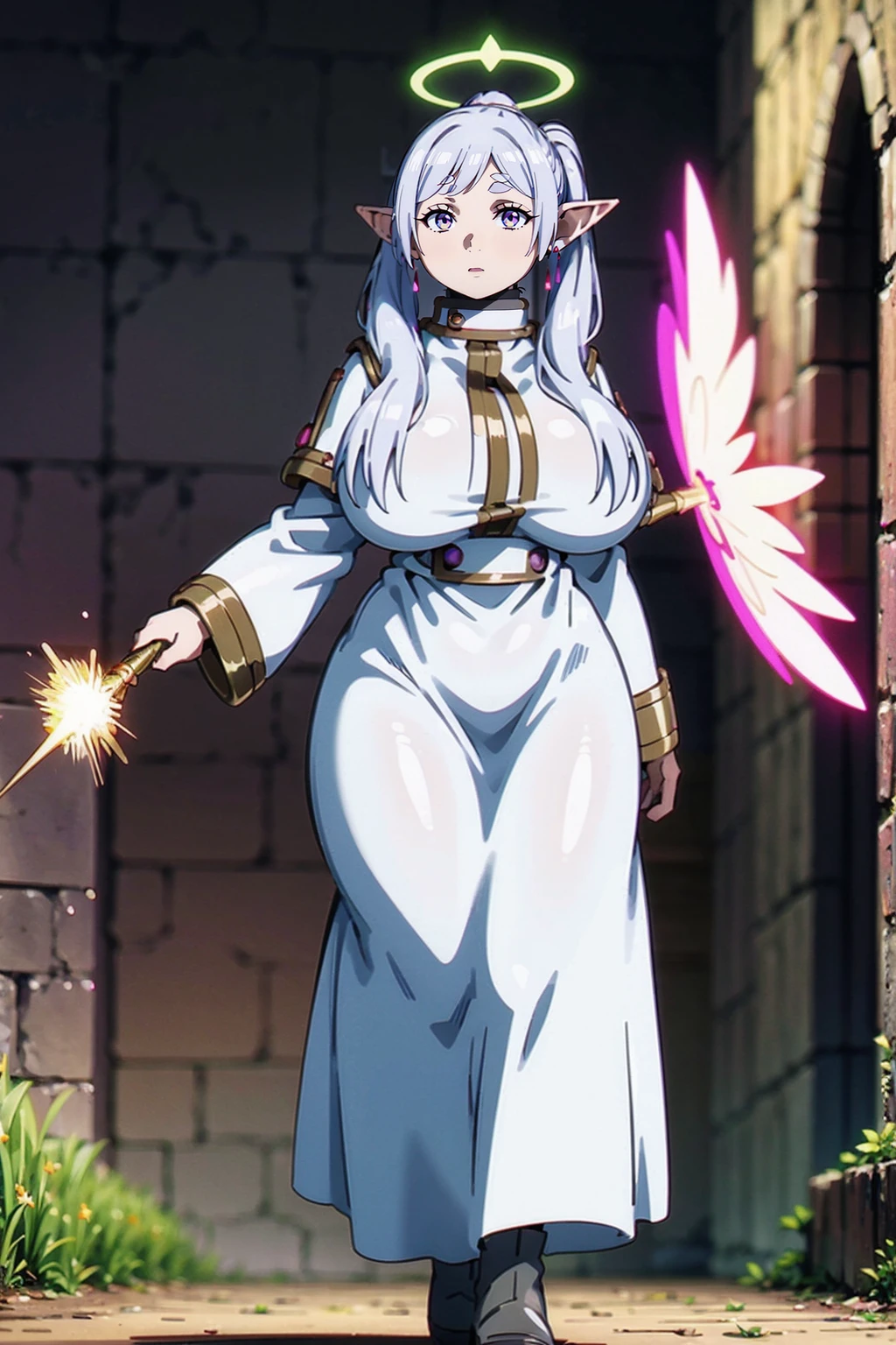 1girl,solo,elf,white hair,grey hair,earrings,pointy ears,long hair,ponytail,green eyes,twintails,parted bangs,thick eyebrows,,, holy magicalgirl, , holy haura, halo,, paladin, holding, full body , boots, standing,cute,breast, curvy, female,fantasy goddess,there is a cartoon picture of a woman with a very large breast, glowing angelic being, glowing holy aura, inspired by Luma Rouge, the non-binary deity of spring, ethereal rainbow nimbus, the butterfly goddess of fire, inspired by Mariel, glowing aura around her, astral fairy, as the goddess of the sun, “uwu the prismatic person, big breast, serious, beautiful eyes, , full body, walking, long robe, long dress, ,priestess ,holy, , god rays, ray tracing, sparkle, cinematic lighting, UHD, retina, masterpiece, ccurate, anatomically correct, textured skin, super detail, high details, high quality, award winning, best quality, highres, 1080P, HD, 4K, thunder aura, light aura,full, staff holding, determined, long sleevess, long skirt, long skirt,(highest quality,4k,8k,highres,masterpiece:1.2),ultra-detailed,(r1.37),holy magical girl,holy aura,halo,sacred light,shimmering radiance,mystical energy,heavenly glow,supernatural beauty,golden and silver tones,ethereal atmosphere,divine power,miraculous transformation,s,female protagonist,enchanted wand,magical sparkles,majestic crown,sparkling eyes and lips,sacred symbols,spiritual energy,celestial energy,serene expression,glowing path,holy garden of flowers,luminous patterns,peaceful surroundings,dreamy ambiance,healing light,the power of love,celestial music,surreal scenery,magical crystals,transcendent colors,dancing lights,heavenly beings,imaginative composition,legendary adventures,supernatural companions,dazzling starlight,celestial fireworks,enshrined in beauty,harmony of the divine.closed mouth, smug
