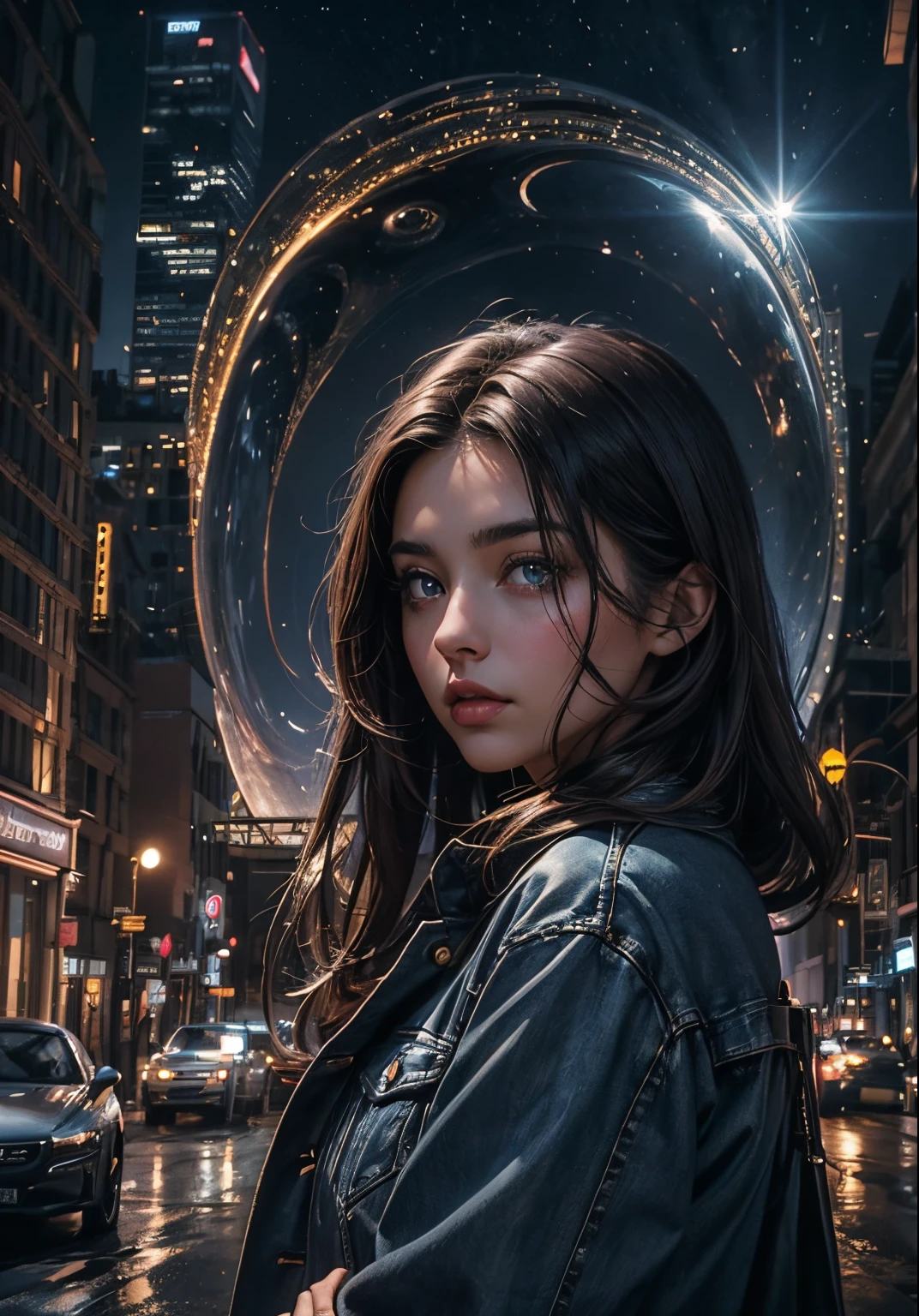 A beautiful woman stands in front of a silver car-shaped time machine. Early twenties. Dark brown hair. Blue jeans on the jacket. Beautiful double eyes. The bridge of my nose. Well-shaped lips. Serious look. The location is a city at night. A wormhole appears in the sky.