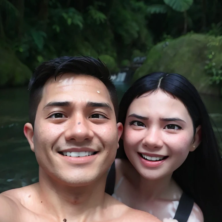 there are two people that are taking a selfie together, couple, lovely couple, with a waterfalls, in jungle, next to a waterfall, stream of love and happiness, in jungle forest !!!, photo 85mm, waterfalls in the background, in the jungle, with waterfalls, in a river in the jungle, couple pose, happy couple, in a jungle