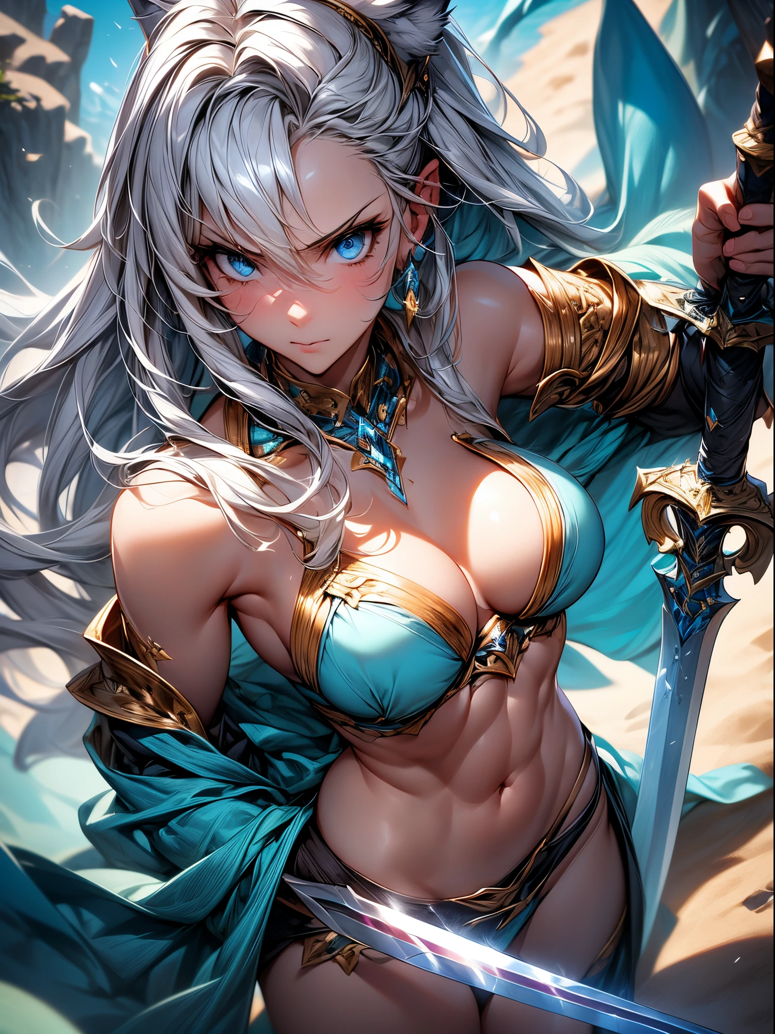 Absurdres ,1 girl,Serious, upward glance ,Silver hair,Wolf ears,Blue eyes,Bikini Armor,sword grip,Abs,(from above),Dynamic Pose,Dynamic Angle,dynamic lighting,best quality,insanely detailed,Hyper realistic, Perfect Anatomy,perfect 5 fingers,amazing,super fine illustration