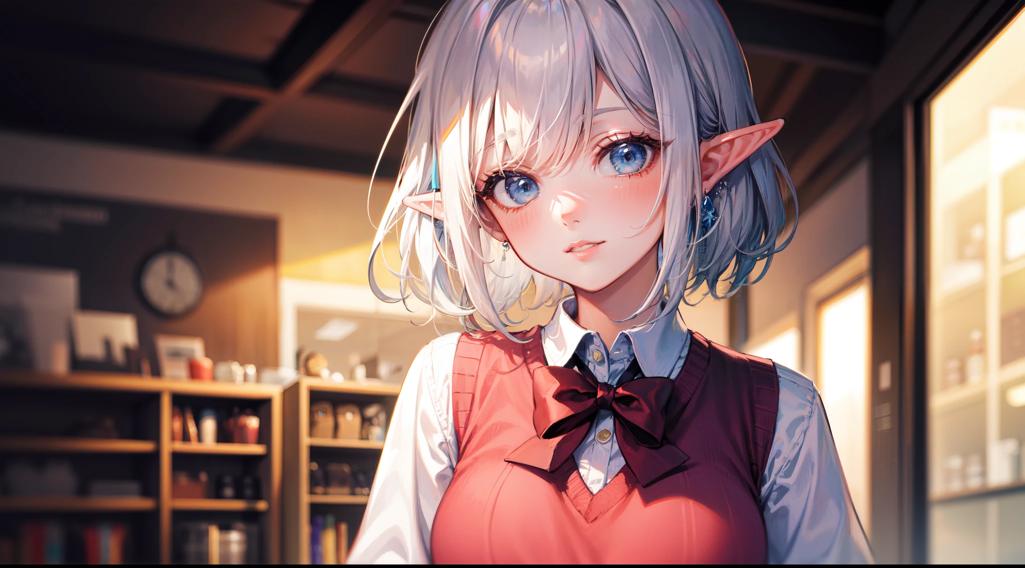 (masterpiece, best quality: 1.2), (ultra-detailed, cinematic lighting), (illustration), (beautiful detailed face, eyes), (elf:1.2) (1girl), Light pink lips, Tilting Head, light Smile, (white hair, sidelock, Pixie cut), Deep Blue Eyes, (Sweater vest:1.2), (school uniform:1.1), upper body, medium breast, looking at viewer, depth of field, by Artgerm, Yusuke Murata.