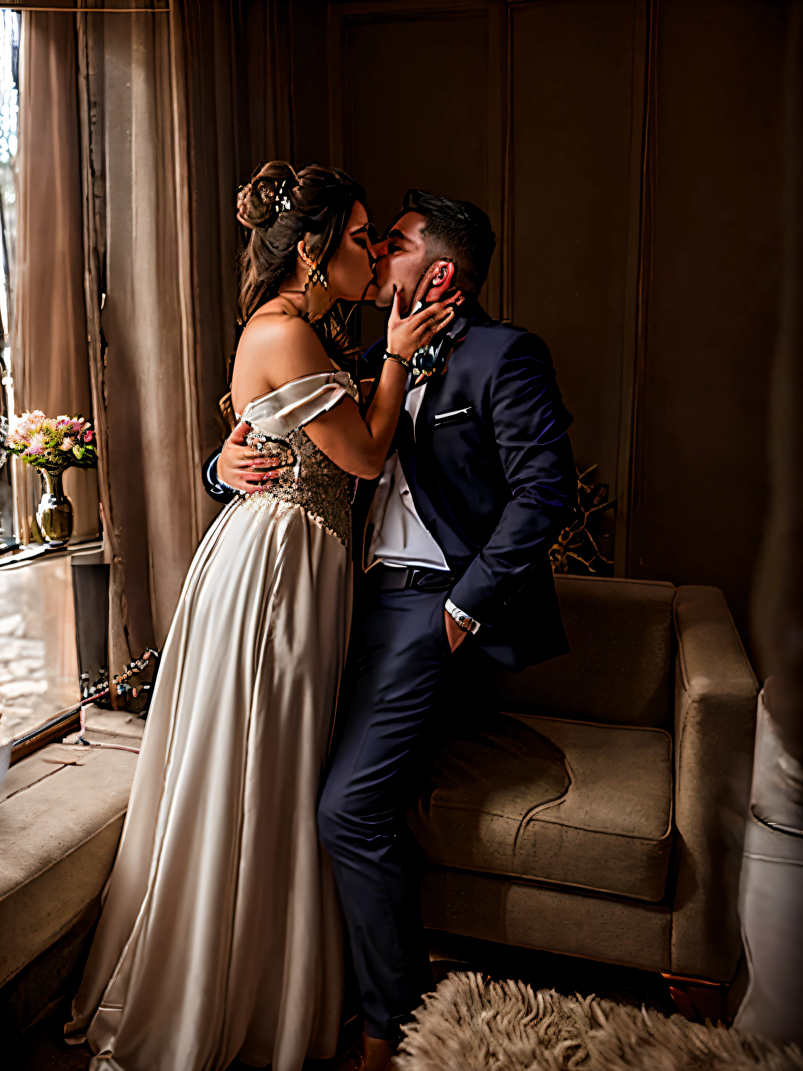 there is a man and woman kissing each other in a room, Filmado com Canon EOA 6 D Mark II, fotos de alta qualidade, Tiro na Canon EOS R5, Tiro na Canon EOS R 5, Tiro em Sony A 7 III, beijando juntos fofos, Upload de alta qualidade, Capturado na Canon EOS R 6, Tiro na Nikon Z9, casal se beijando, o beijo