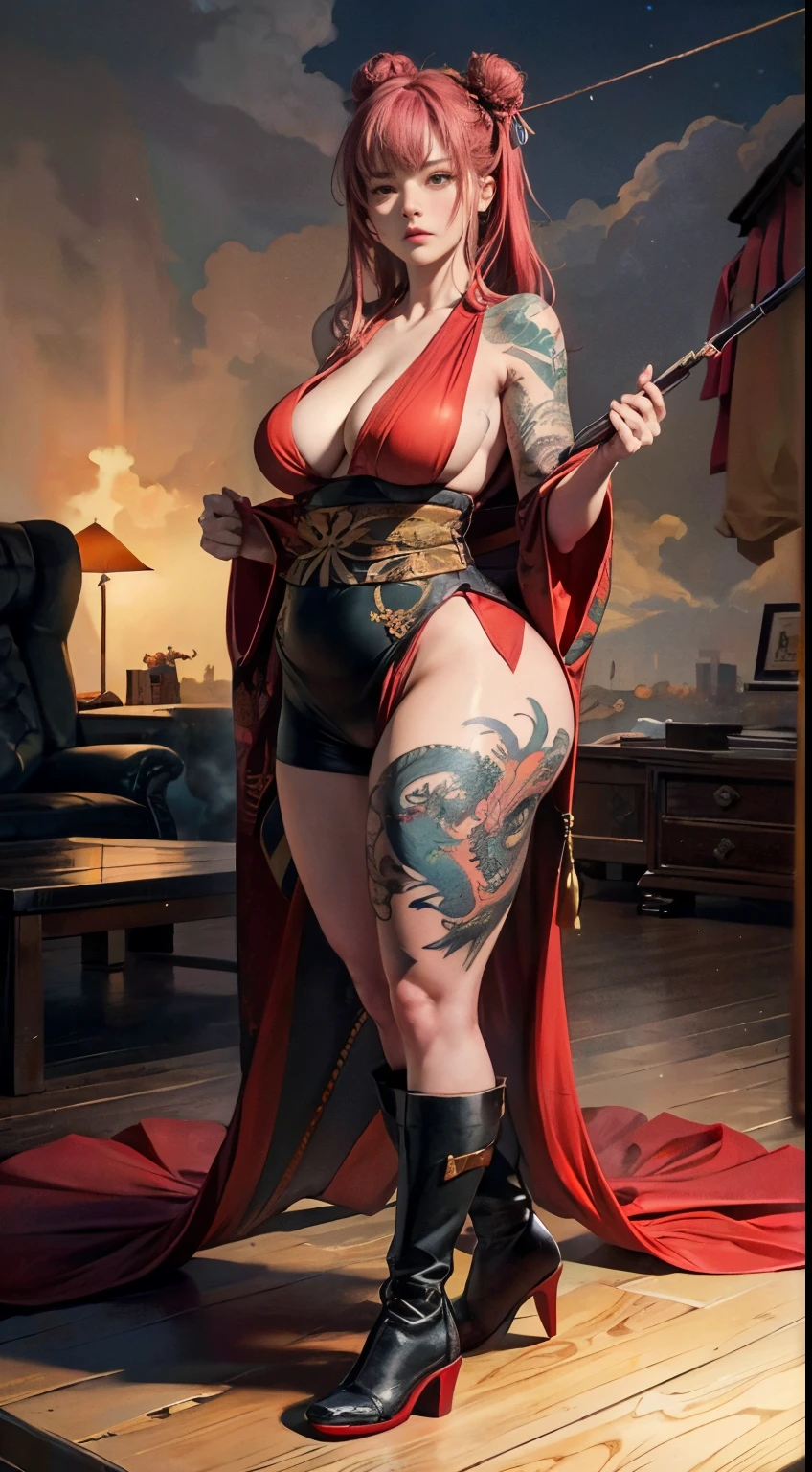 8K, tmasterpiece, full body shot shot,(realisticlying:1.5), Behind the scenes artistic portrait ((a gangster girl,She has an extremely tall, strong, plump and sexy figure) wearing a naked kimono,Brown booties,), tattooed back, Reveal the tattoo on the back, (Dragon Tattoo), exposed bare shoulders, gigantic cleavage breasts, Beautiful skins, Extremely exaggerated tall, strong, plump and sexy figure with extremely exaggerated huge thick breasts,Elongated waist,Extremely exaggerated and huge thick buttocks,Super long big thick legs,Extremely exaggerated thick leg muscles, Cute face, Cute look, Just look at the audience, Red bun,Red five-meter super long hair,Extraordinarily long five-meter-long hair,Extra-long curls,By bangs, There is fog, sunlights, skyscape, clouds, Cozy and chill atmosphere, 动态照明, natural, artistic,Large area tattoos,full body shot shot。