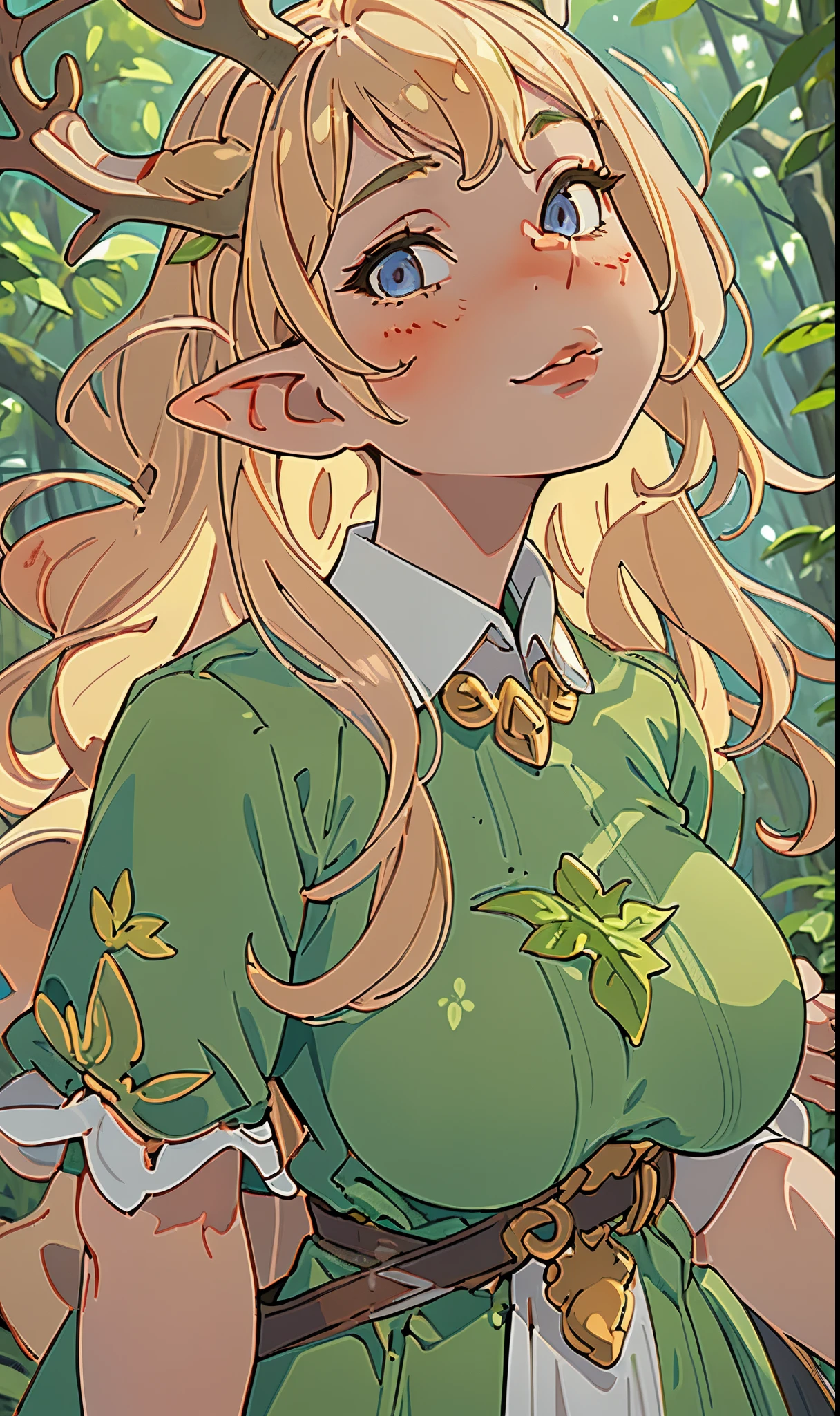 (masterpiece, best quality), 1girl, intricate details, blonde, leaf, wavy hair, looking at viewer, elf, upper body, forest, frills, mist, deer antlers,