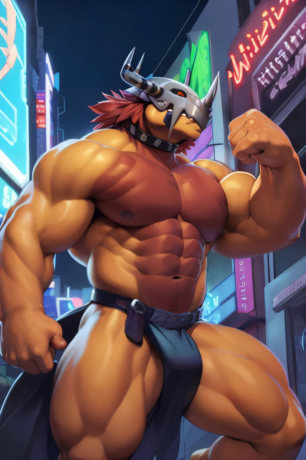 Obra de arte subido del E621(por null-ghost, por darkgem, por kumak), Digimon (Wargreymon), seguro, Marcas, black sclera, ojos verdes, masculino, solamente, Lleva taparabo rojo solamente, muscular, collar, capricho, Noche, Ciudad, Tokio, calle, Akihabara, Neon lights,