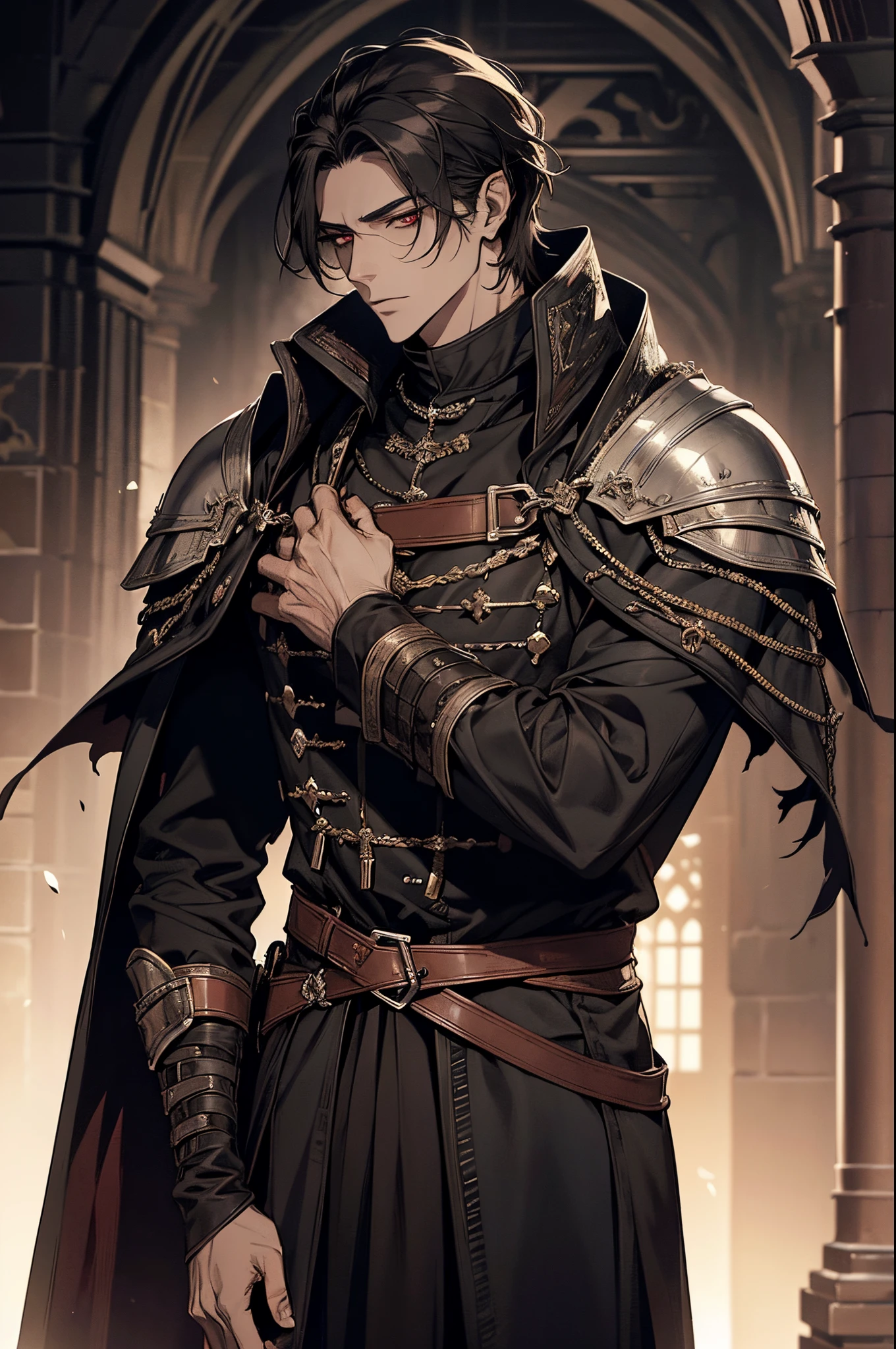 1 male, adult, mature face, beautiful, short tousled black hair, dark red eyes, clear and detailed eyes, handsome, tall, nobility, black clothing, calm, condescending, medieval fantasy, medieval castle background, dark fantasy, (soft coloring, dynamic shading), side view, looking at viewer