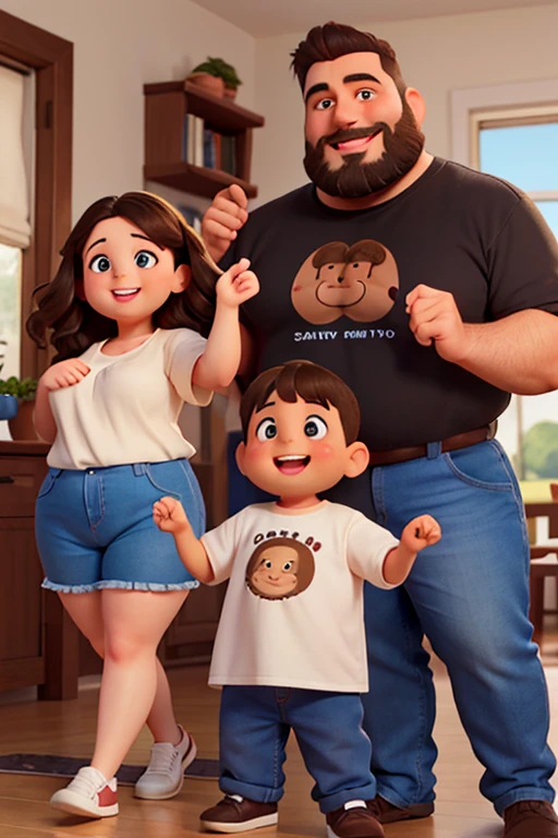 a fat white woman smiling, dark brown eyes, with big cheeks and small chin, with wavy dark brown hair, long length, with her husband a fat white men with medium brown beard, brown eyes, bald, with a black rock shirt and their child a 6 years white skinny boy with blonde hair with quiff and blue eyes