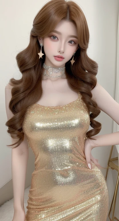 ((best qualtiy, 8K, tmasterpiece:1.3)), Focus:1.2, ((Barbie)) ((Disco Girl)) ((Inside Room)) (((Perfect Figure Beautiful Woman: 1.4)), ((Detailed Random Parted Layered Hairstyle) ((Brown Blowout Hair In Big Loose Curls)) (Wearing Transparnet Disco Outift)) :1.5)), Highly Detailed Face and Skin Texture,二重まぶた,Detailed Skin,Wearing Chocker, Looking At Camera. Wearing Star Earrings