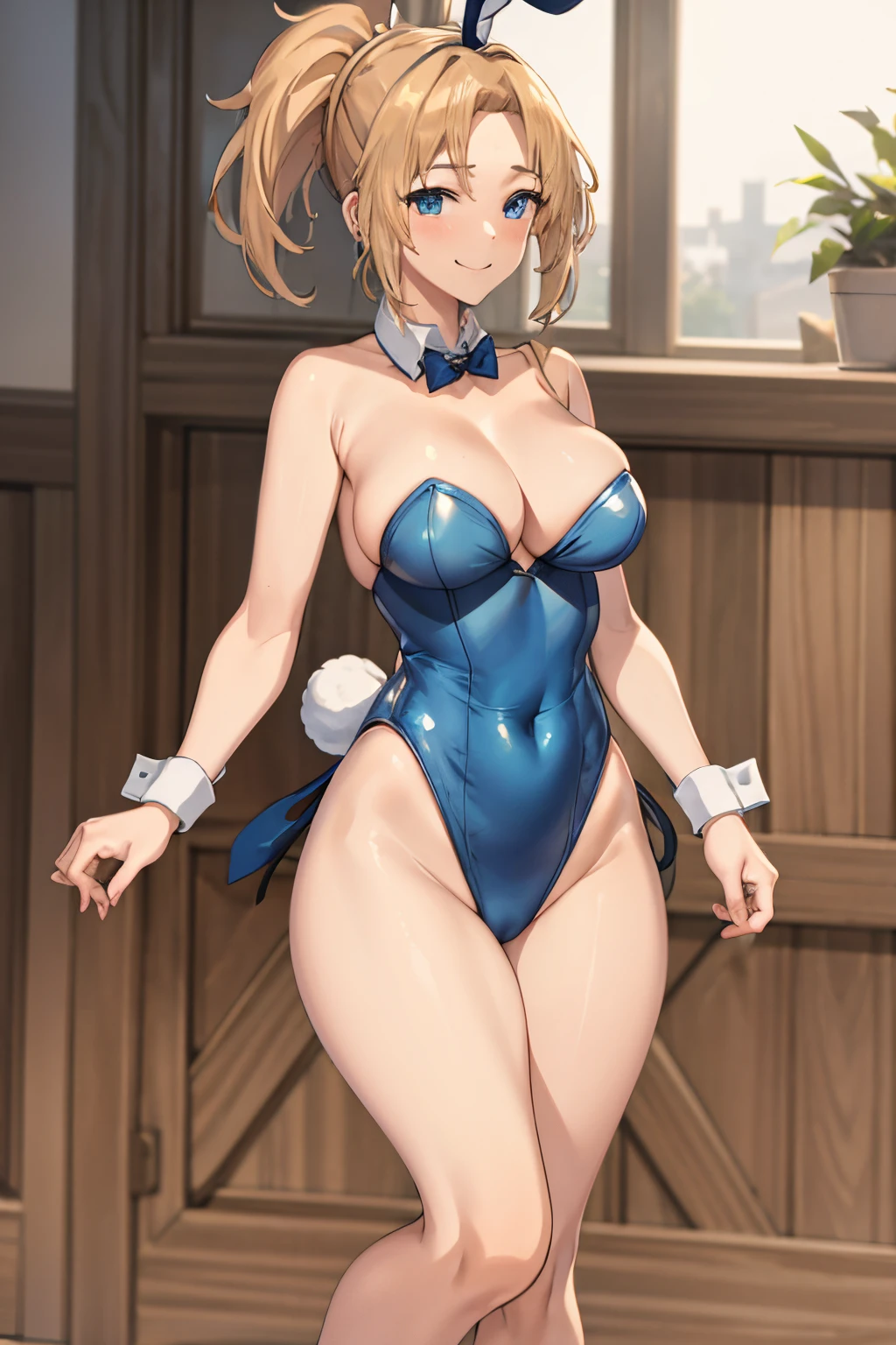 Zenith Greyart, Bunny Costume, sensuality, sexy, masterpiece, smiling, blue costume, blonde hair, ponytail, bunnysuit