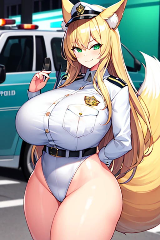 1girl, huge breasts, thick thighs, wide hips, blonde hair, long hair, fox ears, green eyes, fox tail, police, police hat, policewoman, white uniform, white clothes, smile, smirk, smug, leotard