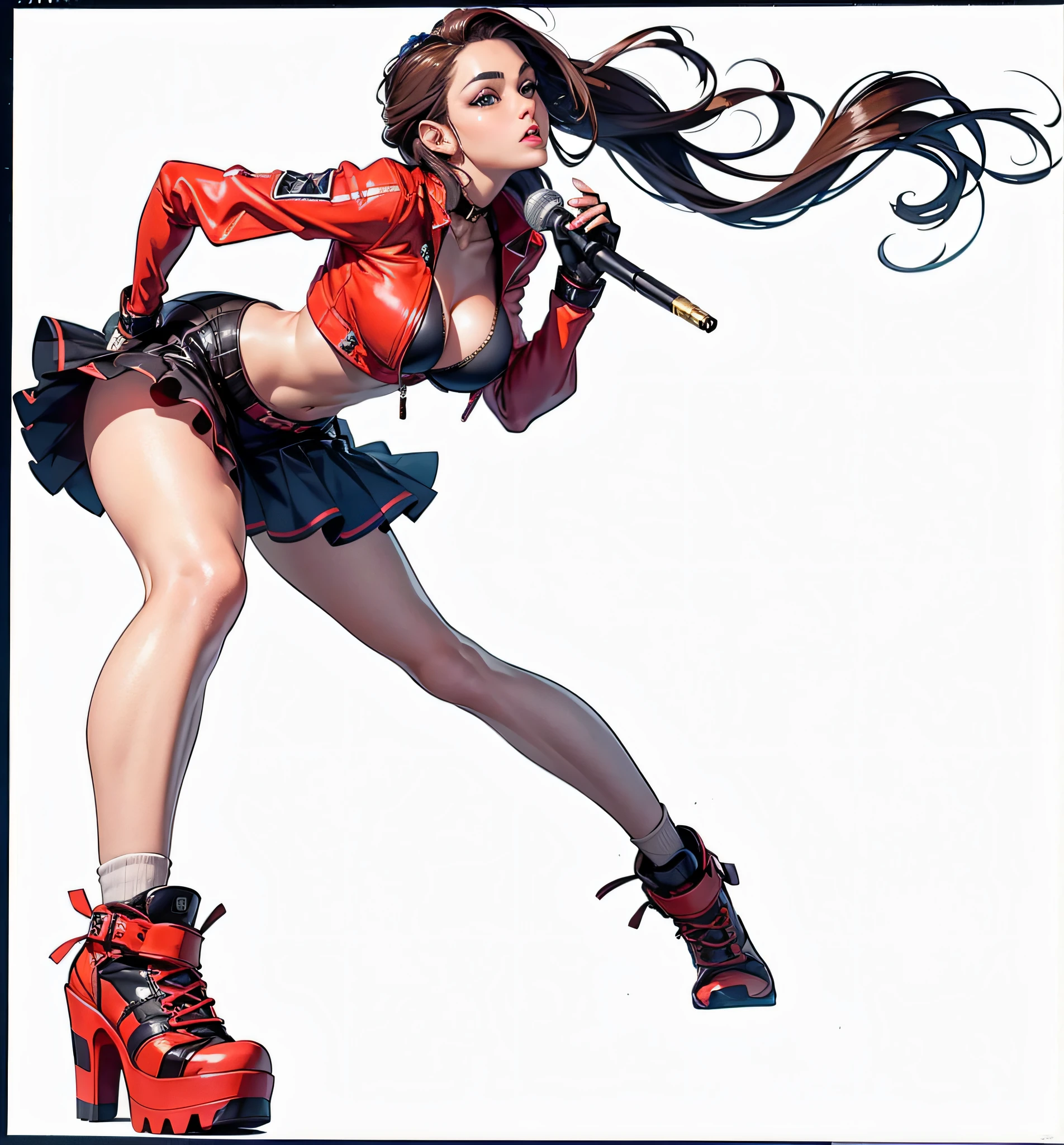 Arafed image of a woman in a red jacket and black skirt holding a microphone., Mai Shiranui, Estilo Artgerm, Estilo Artgerm, Estilo Ivan Talavera y Artgerm, Personaje del videojuego Katana Zero, por Yoshihiko Wada, female action anime girl, Estilo de Artgerm, Artgerm extremadamente detallado