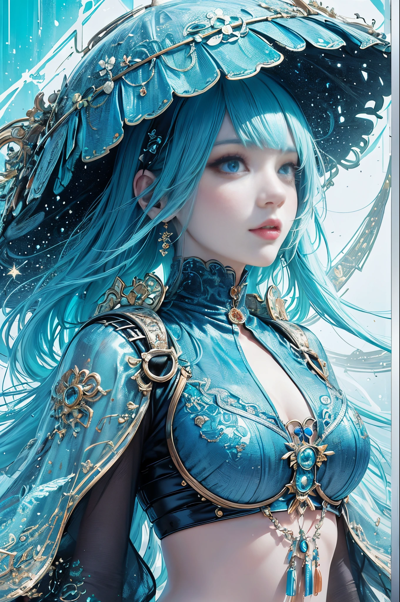 (masutepiece, of the highest quality, Best Quality, Official art, Beautiful and aesthetic:1.2), (1girl in), Extremely detailed,(Fractal Art:1.3),Colorful,Highest detail,Eye color is turquoise blue、