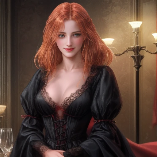 1 linda mulher adulta(((vampira))), cabelos compridos, ruivos ondulados, olhos verdes, middlebreasts, cintura delgada, arrogante,wearing a black dress and gothic appearance, ((roupa escura)), a ((vampire from Wallachia)), sensual, aristocrata, sorriso malicioso,corpo inteiro., cena detalhada explorando o ambiente sombrio