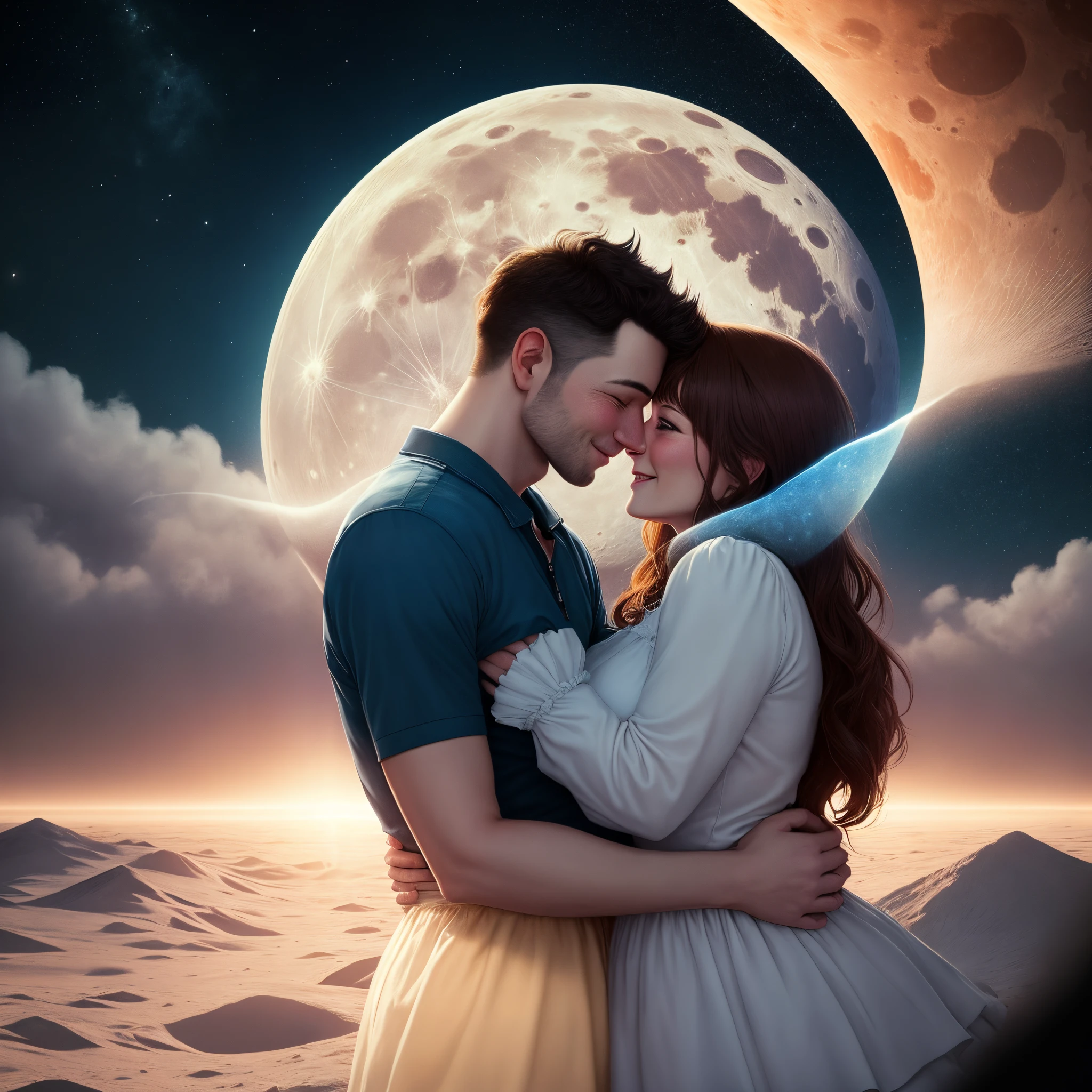 A couple loving each other on the moon