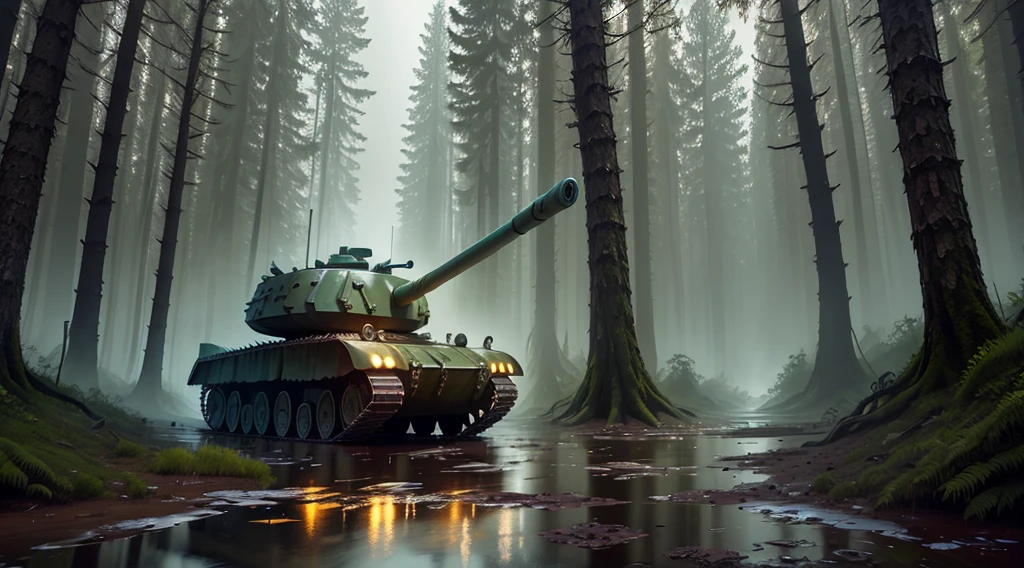 Forest matte painting at night. Wide shot. For a fighting game. With tank stuck in mud. Water puddles.  Wide shot.