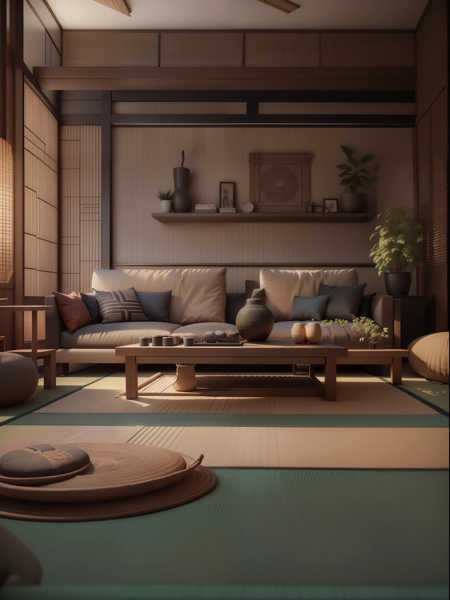 arafed living room with a large couch, a chair, large living loom, japanese-style interior design, zen style, dark colored walnut material, well lit 3d render, high quality 3d rendering, excellent 3d render, award winning render, with photorealistic lighting, Modern living room, archviz