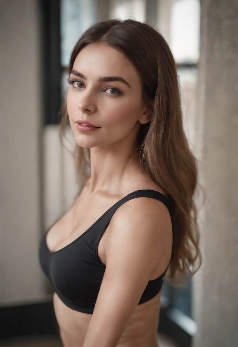 A beautiful woman with a big elastic butt, Posing for the camera in BLACK TOP and tight sports shorts..,muy detallado, hermoso cuerpo y cara, se parece al original, Pelo rojo, en un gimnasio