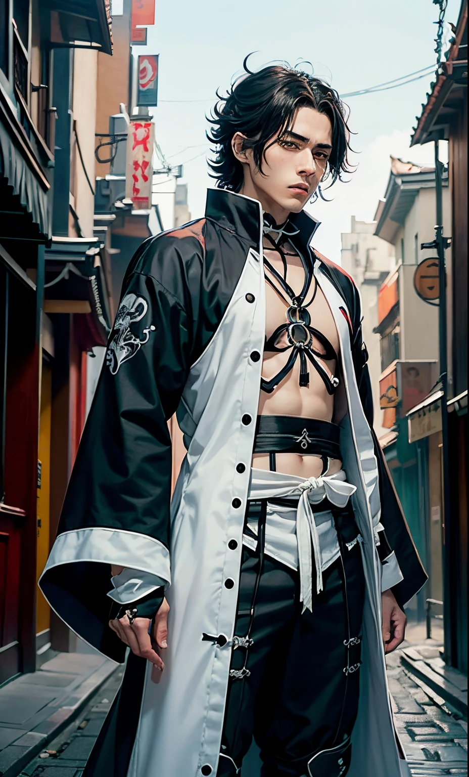 Obra maestra, Gang orca personaje de anime, vestido con un traje blanco y negro con una corbata roja, Pose de villano, Anime White Fox, orca masculina, soltero, muy detallado, full color, salvaje de cuerpo completo,del espacio orca anime, Personaje de anime, Arte oficial del personaje, cuerpo completo, Animes de estilo afro samurai, Estilo de anime Madhouse, Shinigami, High-quality crisp anime, calle de Tokio en la noche, 4k