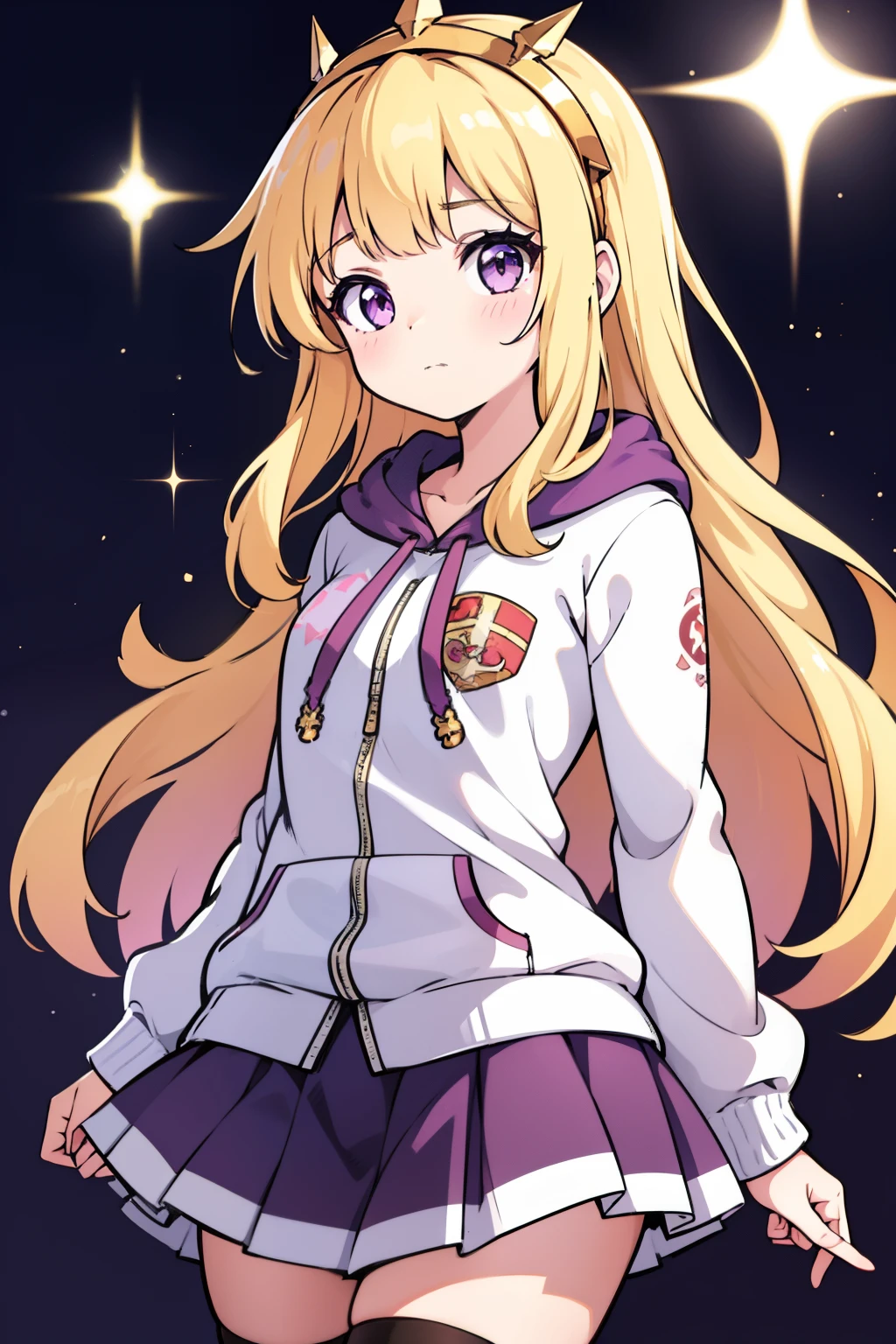 1girl, solo, character illustration, blonde hair, purple eyes, Cagliostro, long hair, alternate clothes, (hoodie, long sleeves, skirt, casual), hairband, thighhighs, small breasts, neutral, closed mouth, face focus, arms behind back, upper body, looking away, cute girl, sparkles, white background, transparent background, beautiful illumination, sun rays, trending on pixiv, masterpiece, 8k, best quality