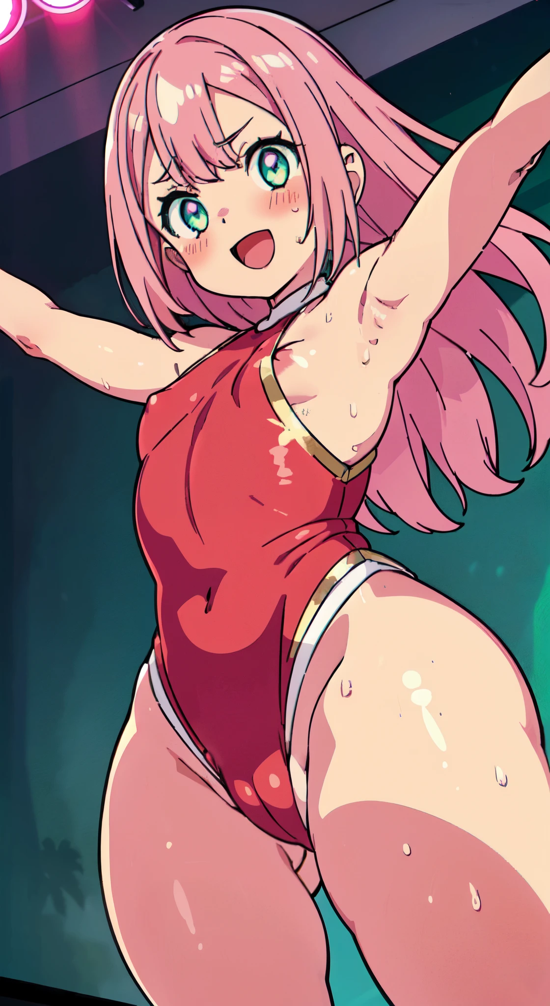 (( 1girl in)), (NSFW)、blush,Pink hair、Parted bangs、Forehead、white forehead protector、green colored eyes、(((Red Leotard))) ,On stage、flat chest、big butts、((thick thighs))、Sweat、((:D))、Surprised、(Straight hair)、Armpits、Arms outstretched、spreading legs、(White shoulder armor)、Gold decoration、Blue crystal