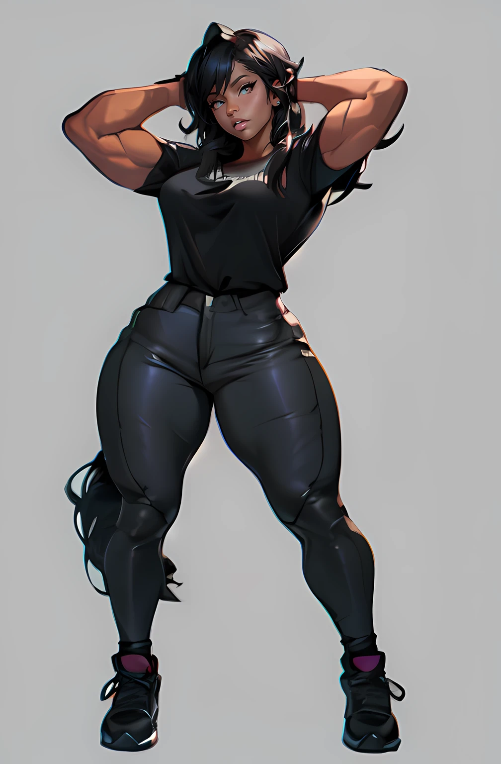 ((((muscular 1girl)))) ((((thick thighs toned body)))) (dark skin) black hair hazel eyes very long hair ((full body)) tight shirt tight pants
