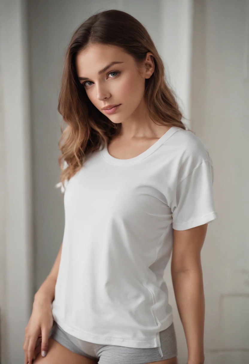 Woman wearing white T-shirt, with blonde hair, blue eyes, in fashion pose, realistic image, white background, no background, full body image