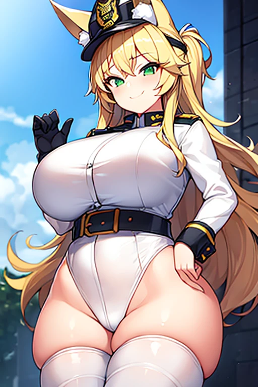 1girl, huge breasts, thick thighs, wide hips, blonde hair, long hair, fox ears, green eyes, fox tail, police, police hat, policewoman, white uniform, white clothes, smile, smirk, smug, leotard, belt,