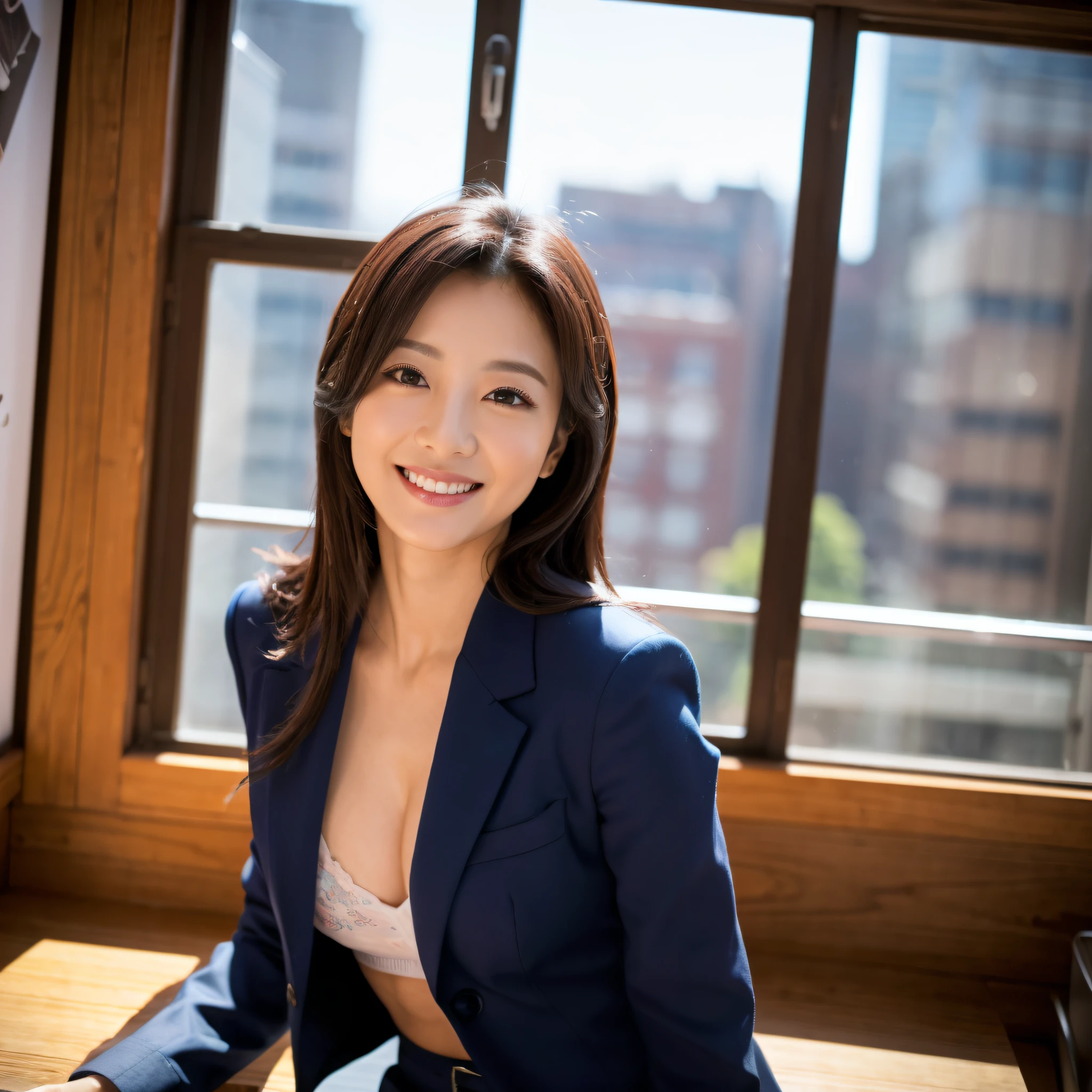 One super beautiful woman、((best qualtiy、8k masterpieces:1.3))、foco nítido:1.2、(ultra beautiful faces:1.0)、(shinny skin:1.0)、photos realistic、A dark-haired、Video Lighting、High-definition eyes and face、Japan Idol Actress、from the front side、medium breasts、Smile、Slender Abs Beauty、Whole body、wears a suit、wearing a shirts、In the office