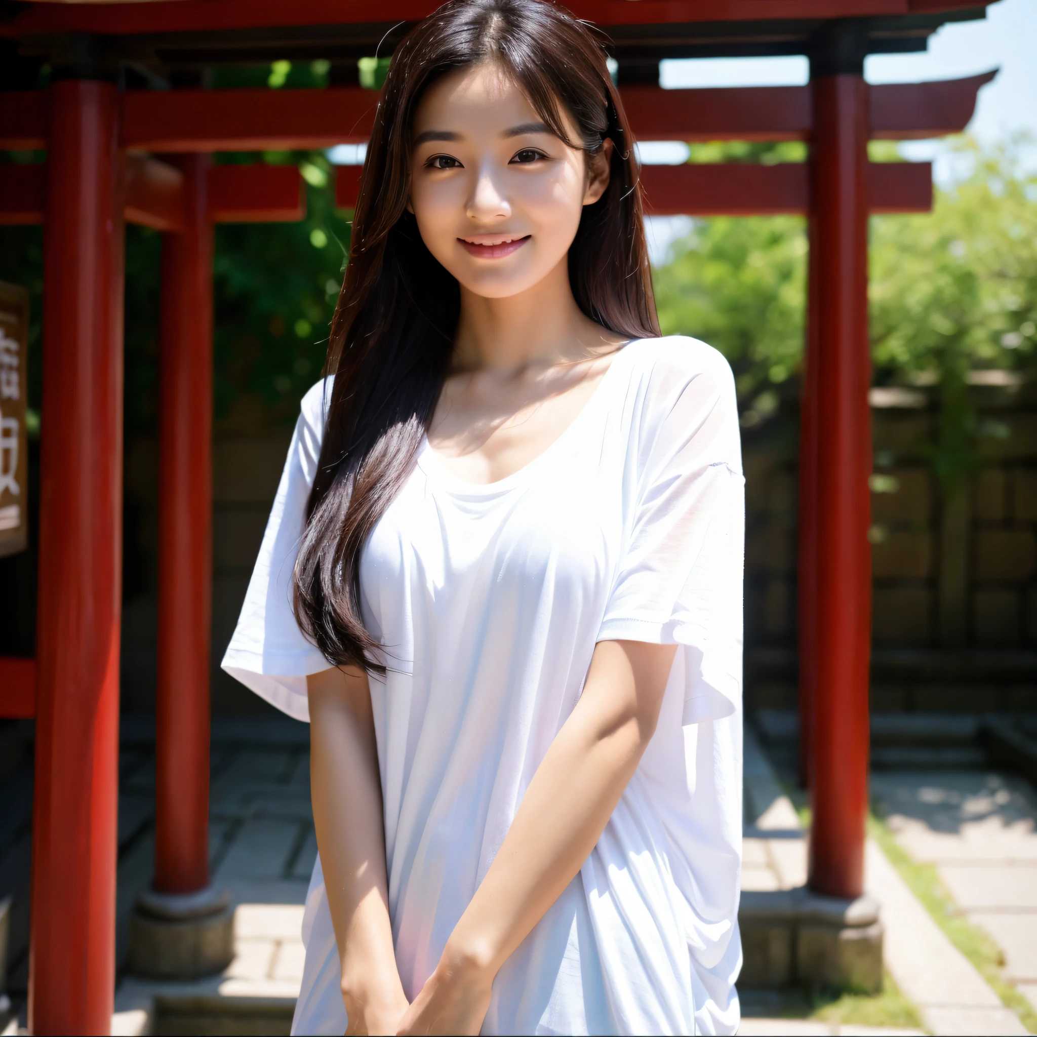 One beauty、((best qualtiy、8k masterpieces:1.3))、foco nítido:1.2、(ultra beautiful faces:1.0)、(shinny skin:1.0)、photos realistic、A dark-haired、Video Lighting、High-definition eyes and face、Video Lighting、Japanese actressl、from the front side、medium breasts、Smile、Slender Abs Beauty、Whole body、Kanji for Japan「tenderness」Wearing a T-shirt、At the shrine