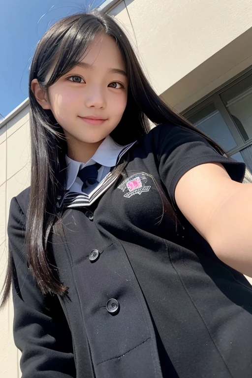 A shy 14-year-old junior high school girl with long black hair wearing a school uniform.