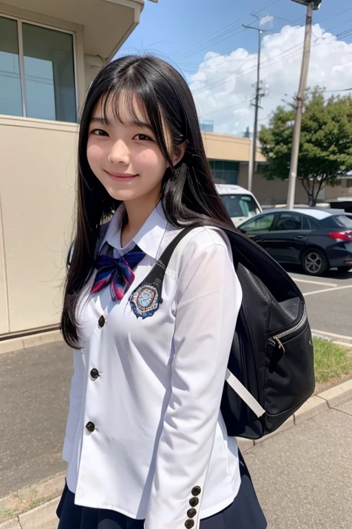 full body,from below,A 14-year-old junior high school girl with long black hair wearing a school uniform with a flustered,